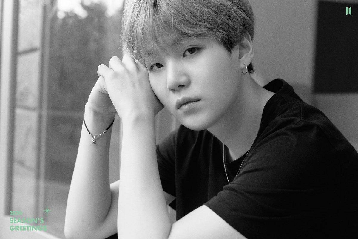 BTS Suga, 2020, black and white portrait, SD Desktop Wallpaper