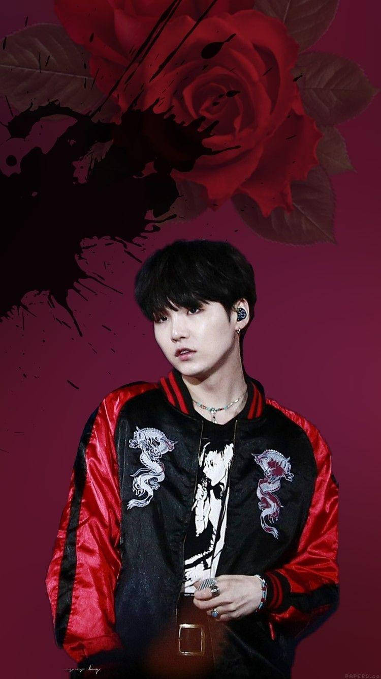 Suga BTS, red and black bomber jacket, deep maroon background, HD Phone Wallpaper