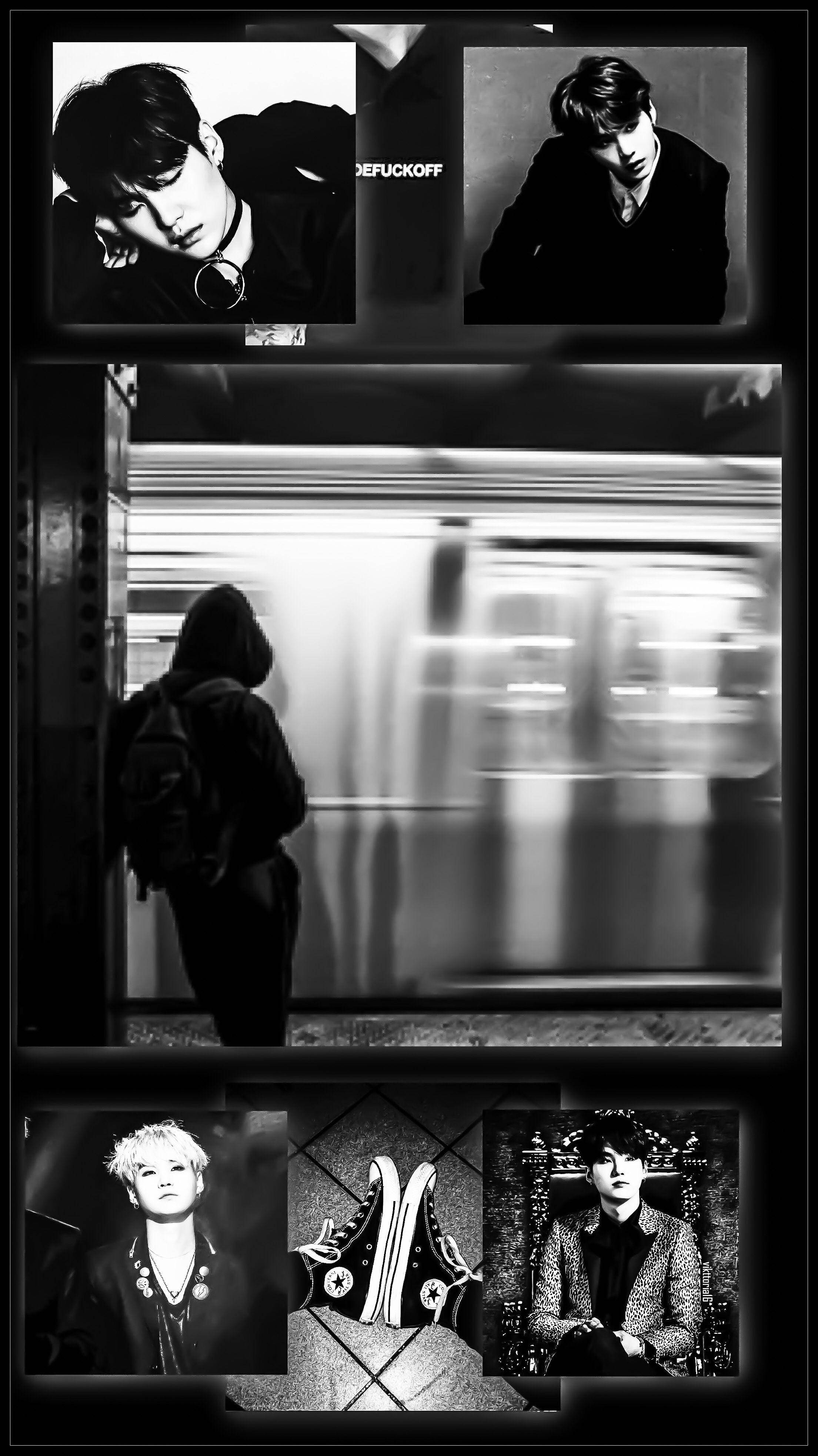 Bts Suga Aesthetic, Black and white collage, subway station, 4K Phone Wallpaper