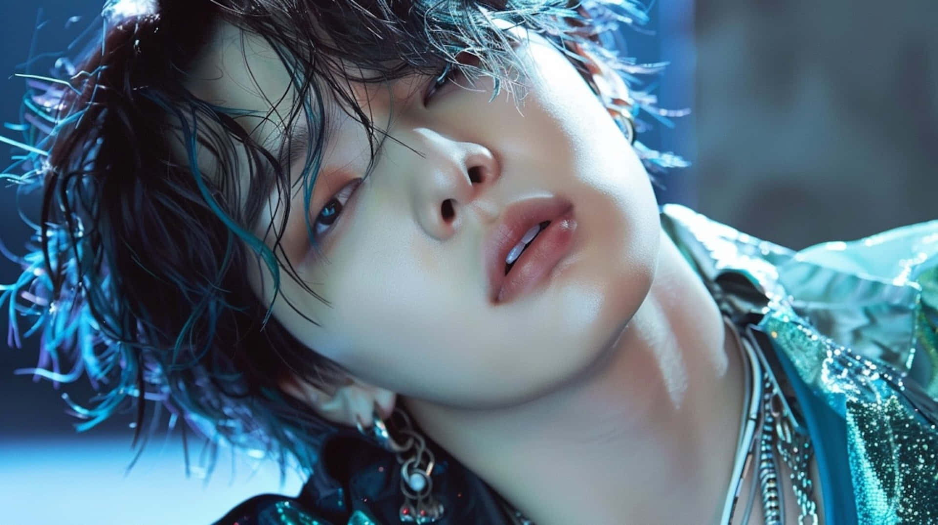 BTS Suga, teal highlights, glittering teal outfit, Full HD Desktop Wallpaper