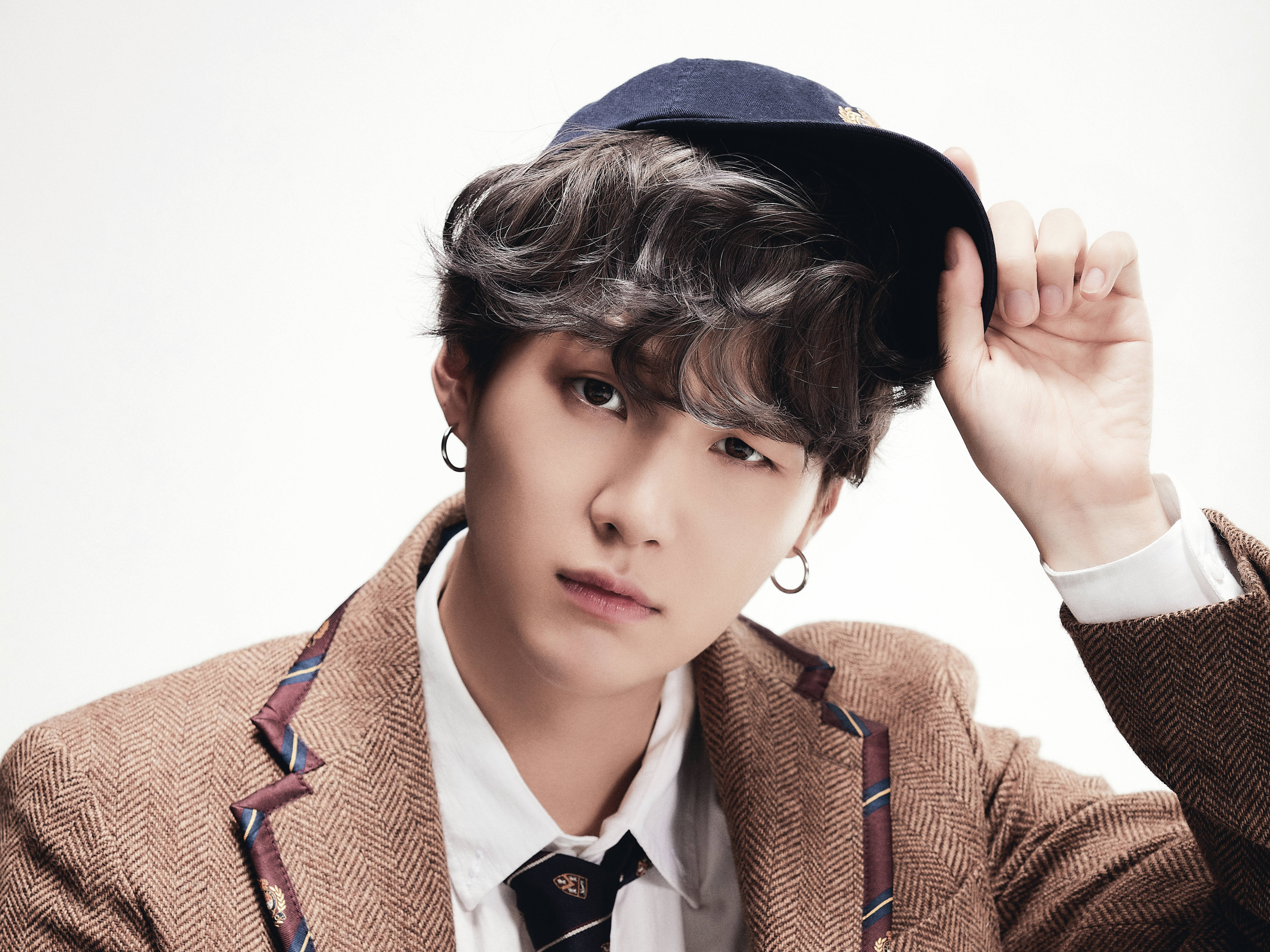 Suga BTS, brown herringbone blazer, navy cap, 5K Desktop Wallpaper