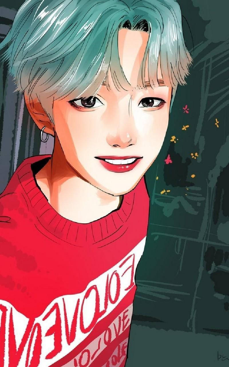 BTS Anime Suga, teal hair, red sweater, HD Phone Wallpaper
