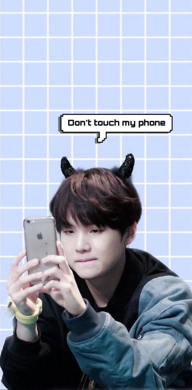 BTS Suga, devil horns, light blue grid background, HD Phone Wallpaper