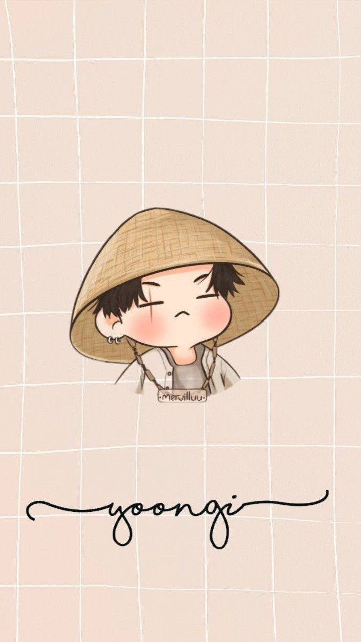 BTS Suga, cute chibi, straw hat, HD Phone Wallpaper