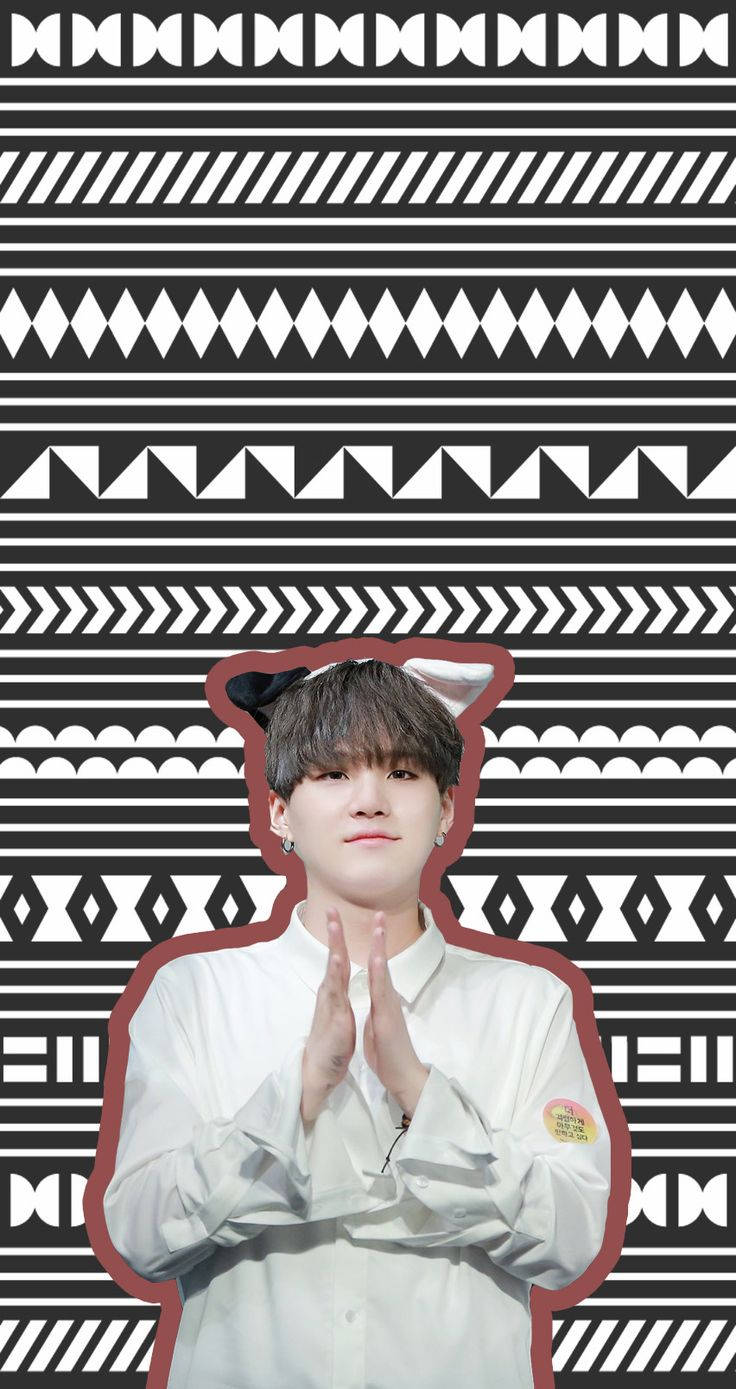 BTS Suga, cat ears, black and white geometric patterned background, HD Phone Wallpaper