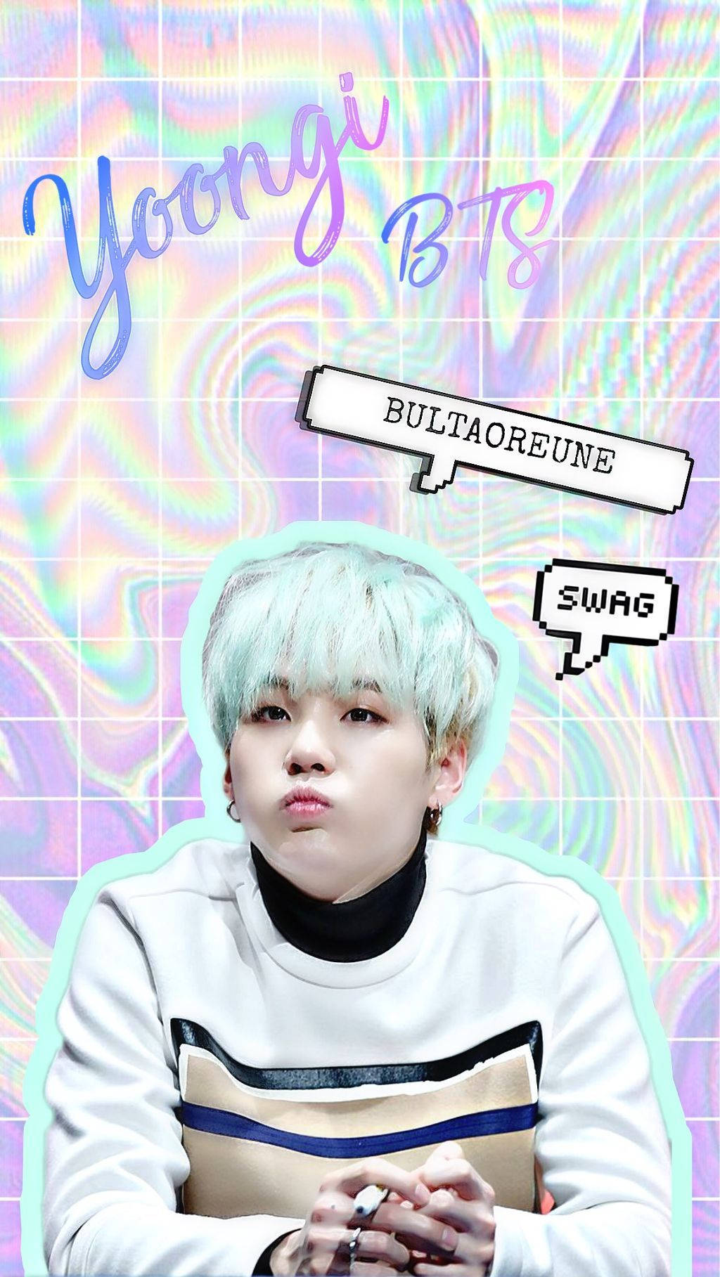 BTS Suga, mint green hair, holographic grid background, HD Phone Wallpaper