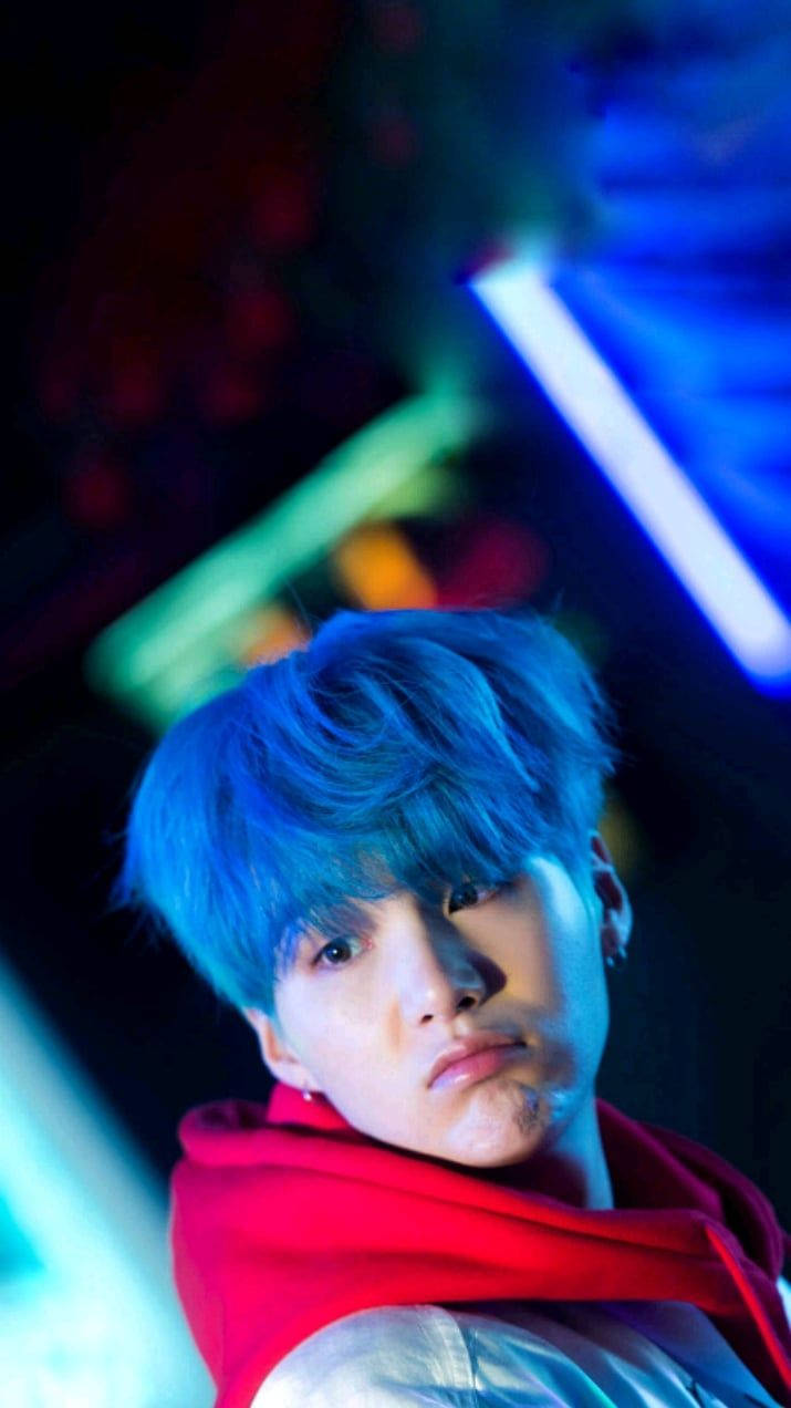 BTS Suga, blue hair, red hoodie, SD Phone Wallpaper