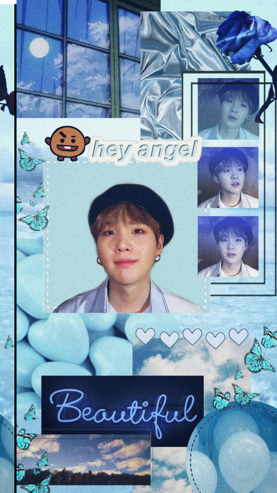 BTS Suga, beret, blue butterflies, SD Phone Wallpaper