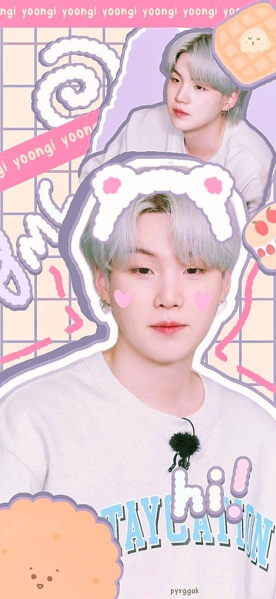 BTS Suga, silver hair, pastel grid background, SD Phone Wallpaper