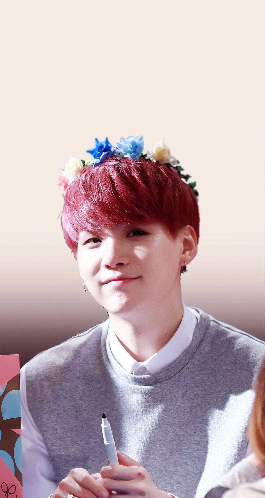 BTS Suga, red hair, blue yellow flower crown, Full HD Phone Wallpaper