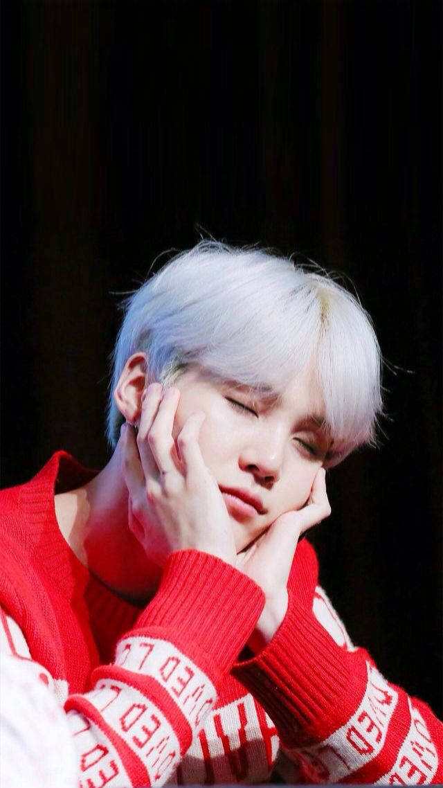 BTS Suga, silver hair, red and white patterned sweater, SD Phone Wallpaper