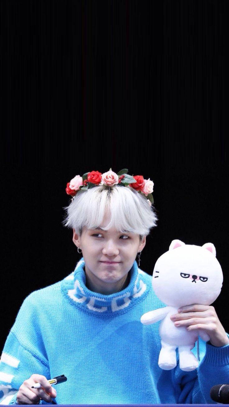 Suga BTS, white hair, red flower crown, HD Phone Wallpaper