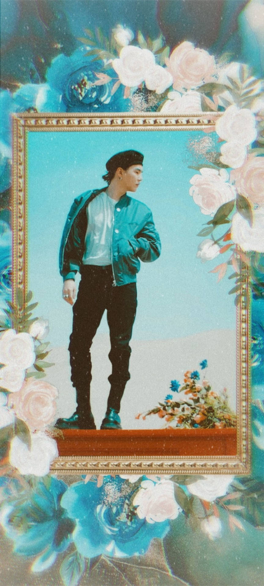 BTS Suga, teal jacket, ornate gold frame, Full HD Phone Wallpaper