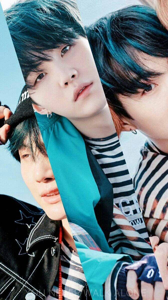 Suga BTS, teal hair, striped shirts, SD Phone Wallpaper