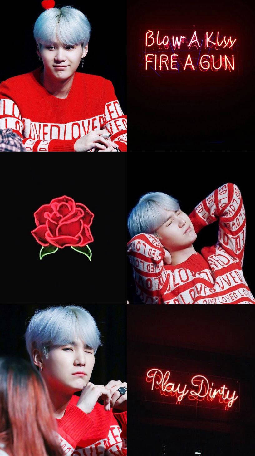 SUGA, red sweater, white text, HD Phone Wallpaper