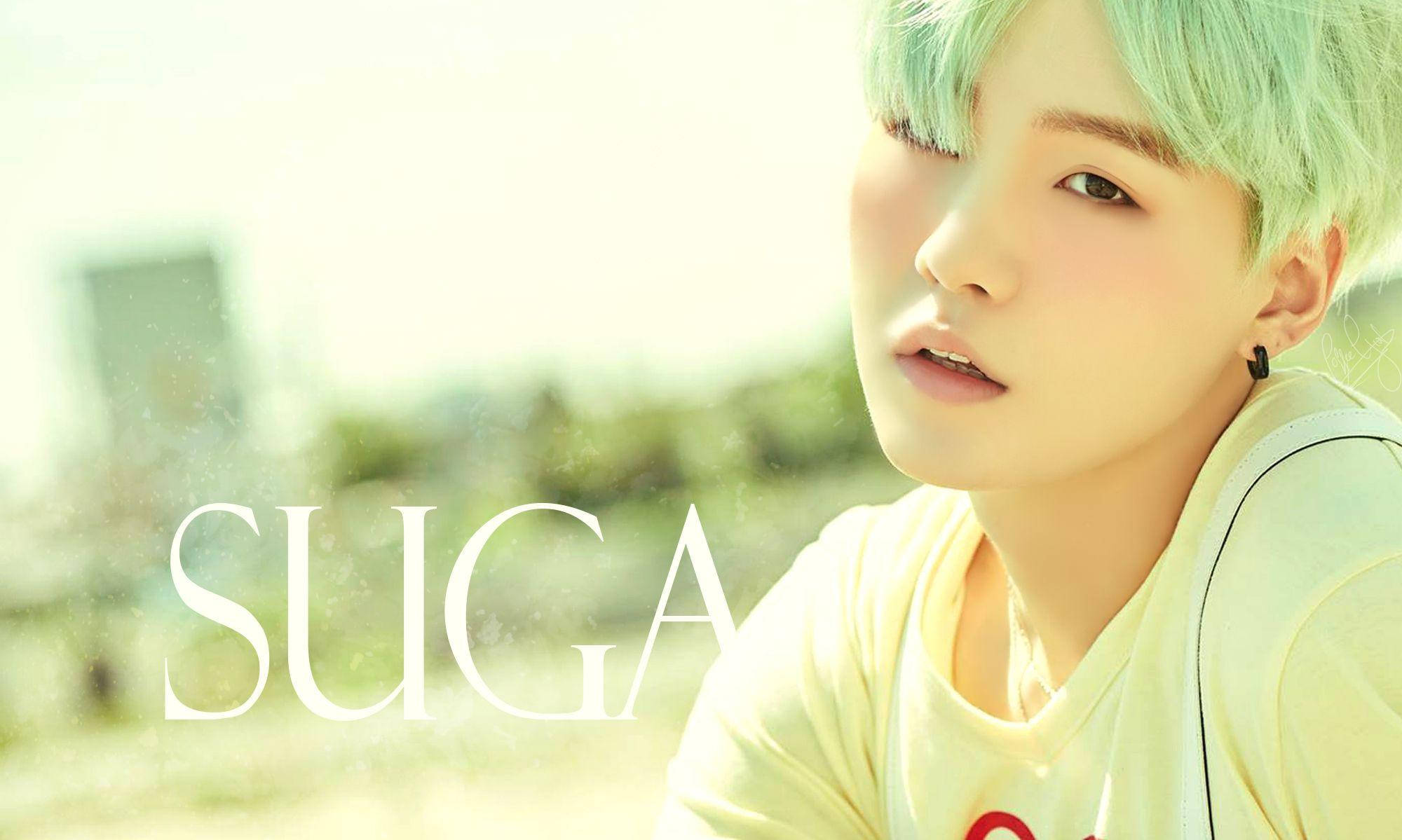 SUGA, mint green hair, hazy background, Full HD Desktop Wallpaper