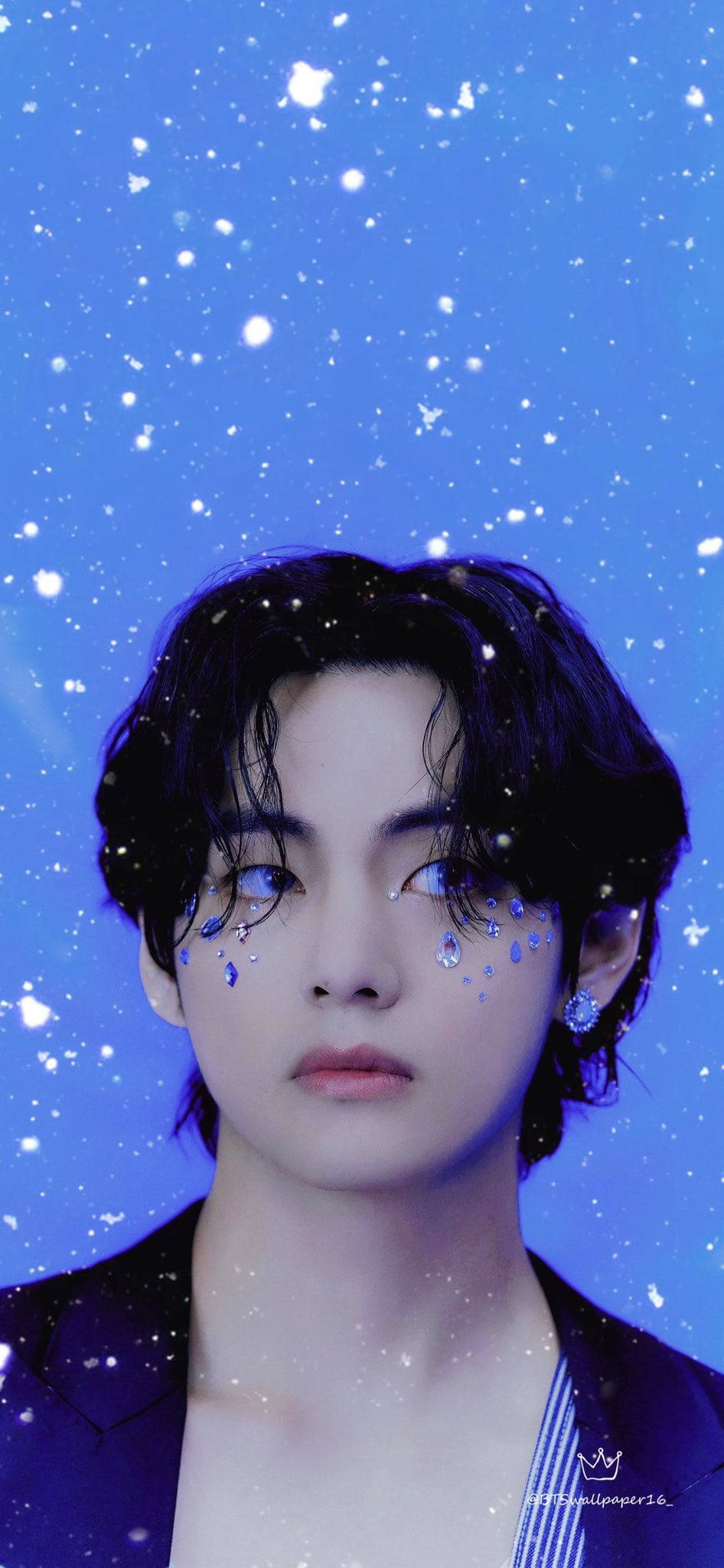 BTS Tae Hyung, starry blue background, sparkling particles, Full HD Phone Wallpaper