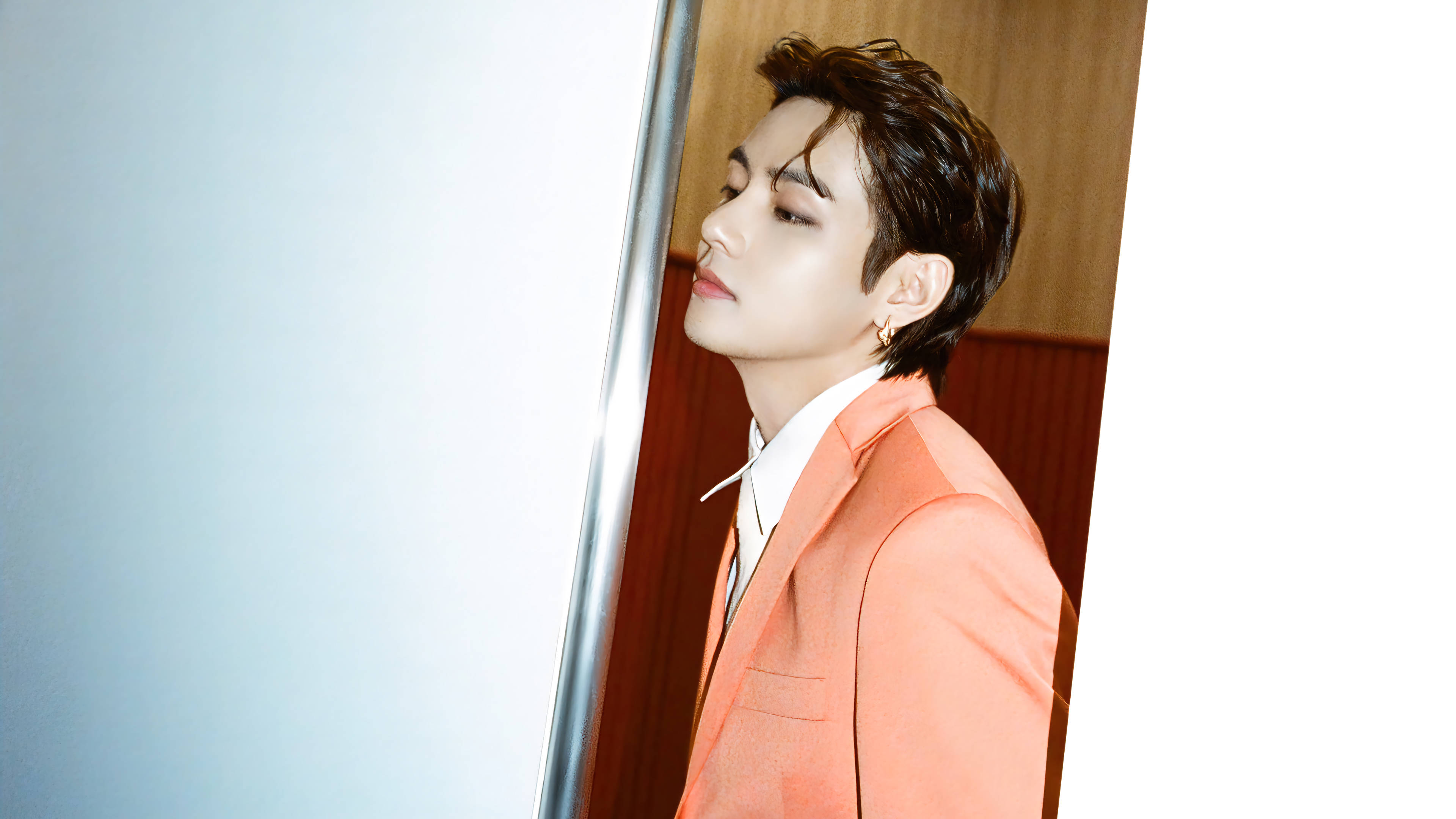 BTS Tae Hyung, orange suit, coral suit, 4K Desktop Wallpaper