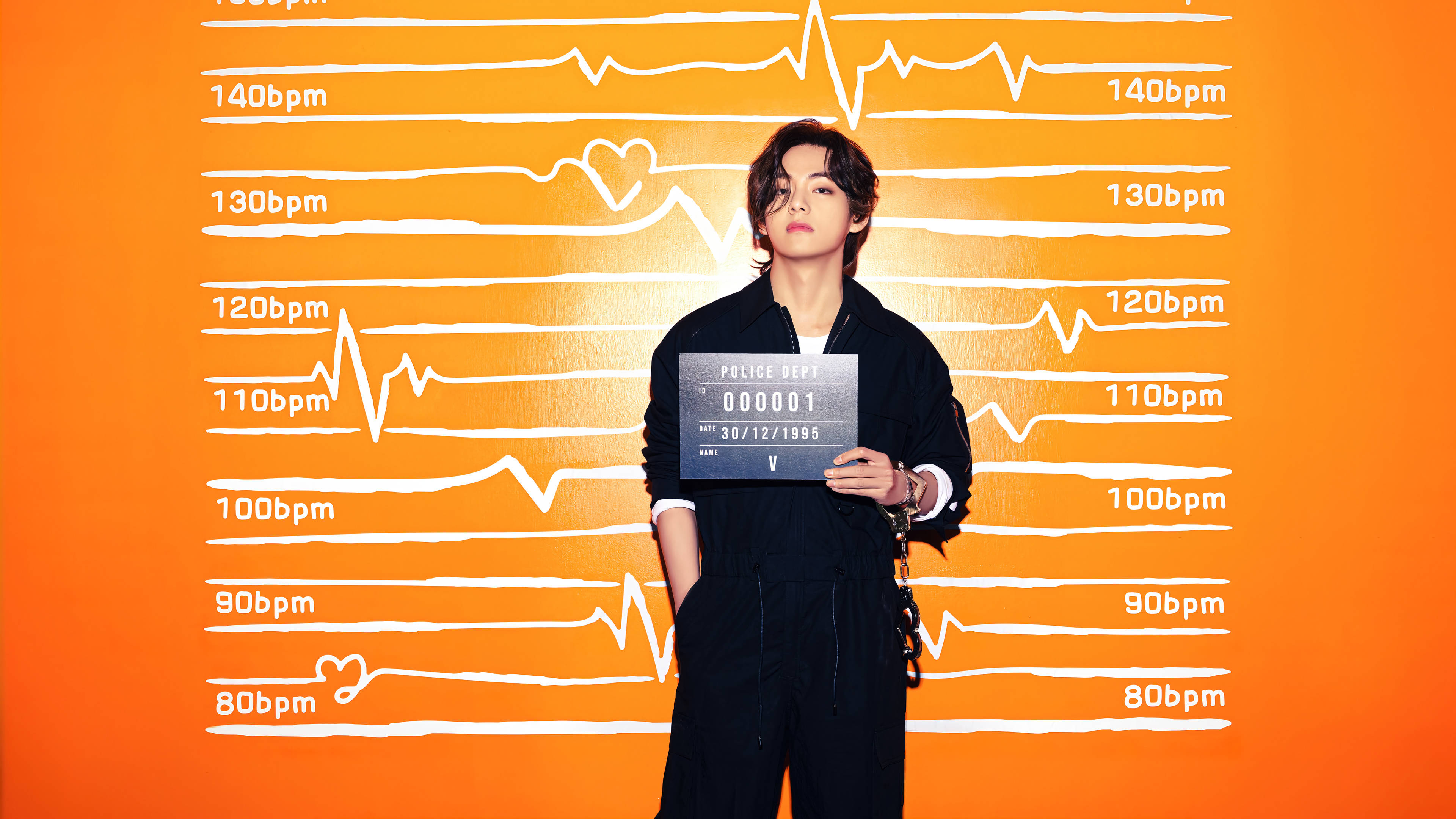 BTS Tae Hyung, black overalls, vibrant orange wall, 4K Desktop Wallpaper