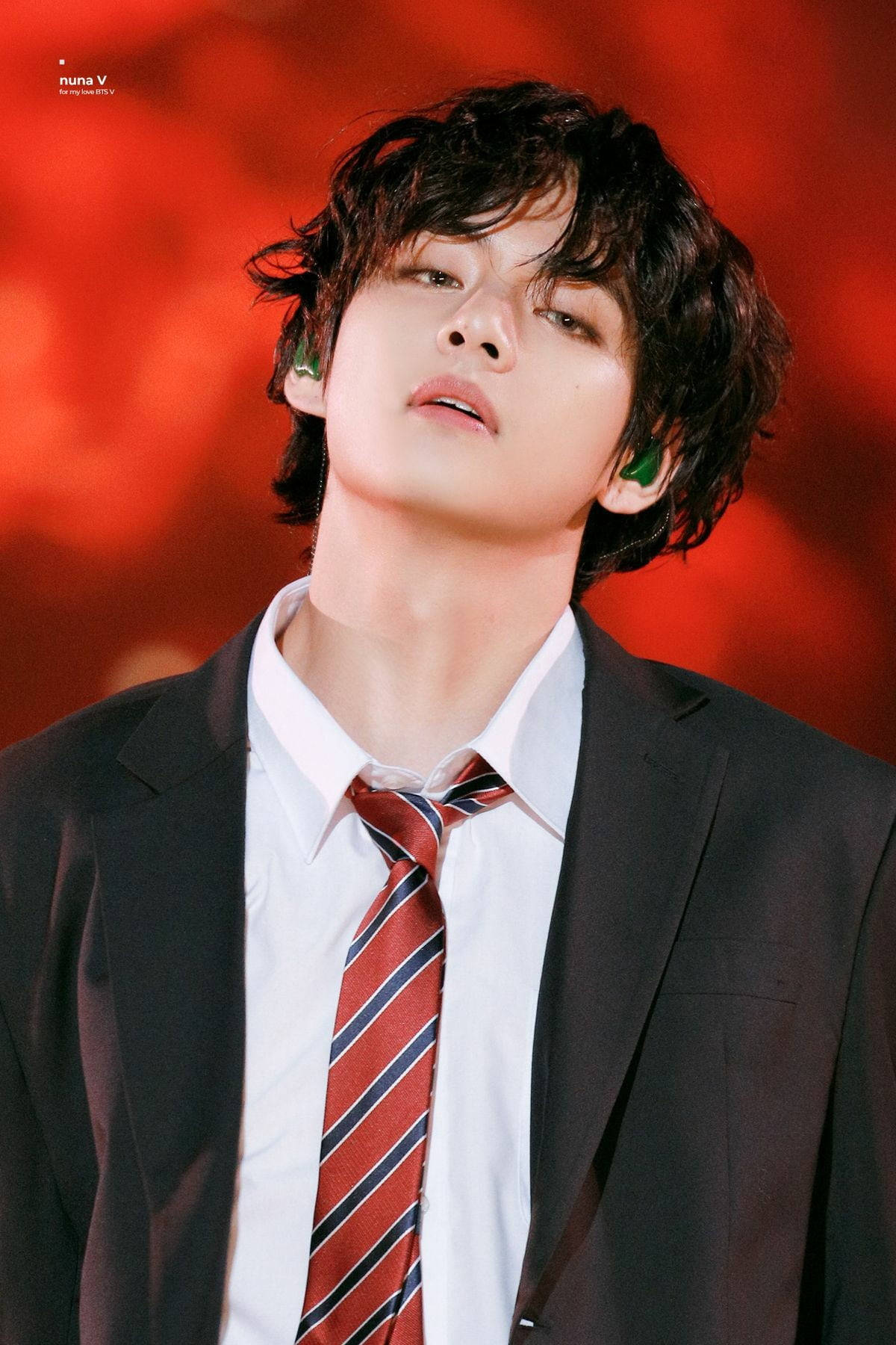 BTS Tae Hyung, black suit, red striped tie, HD Phone Wallpaper