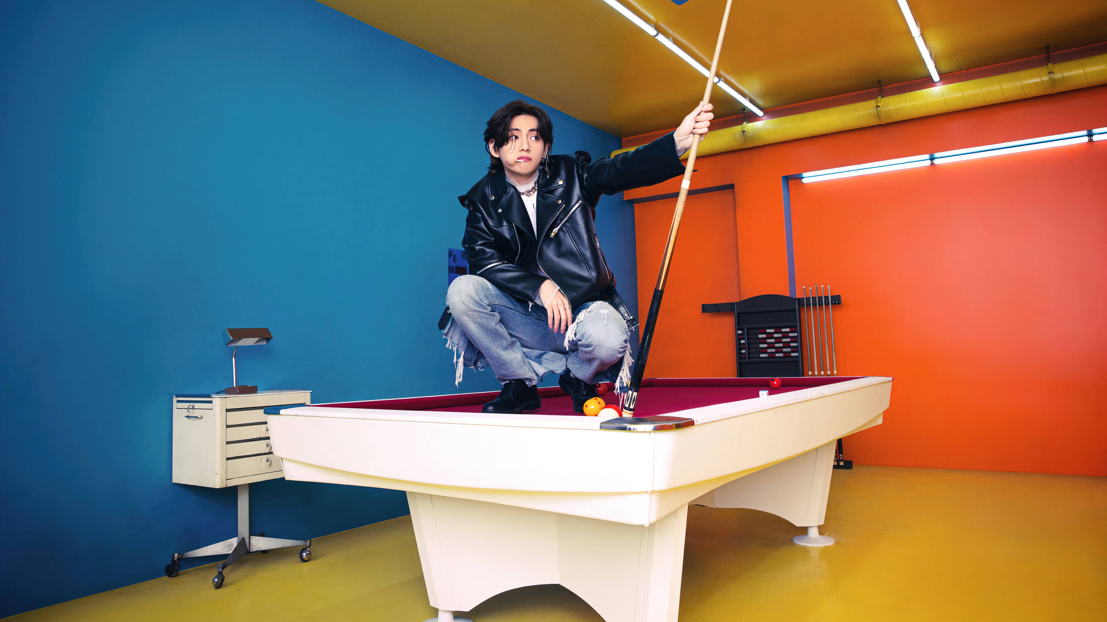 BTS Tae Hyung, pool table, leather jacket, 4K Desktop Wallpaper