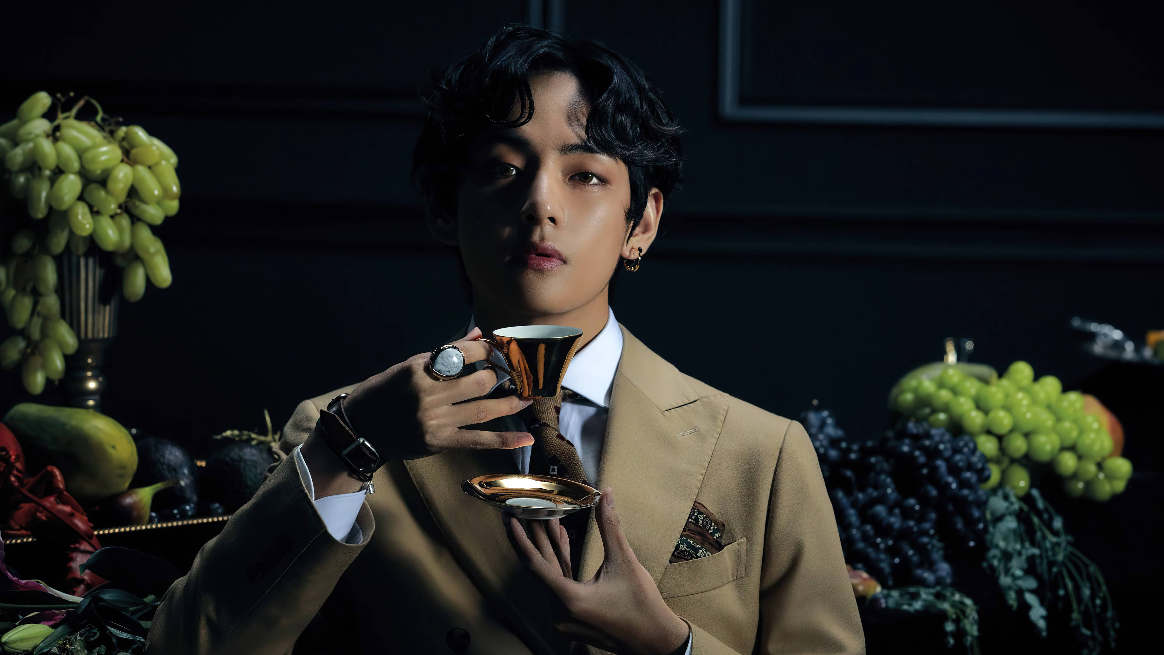 BTS Tae Hyung, tan suit, golden cup, 4K Desktop Wallpaper