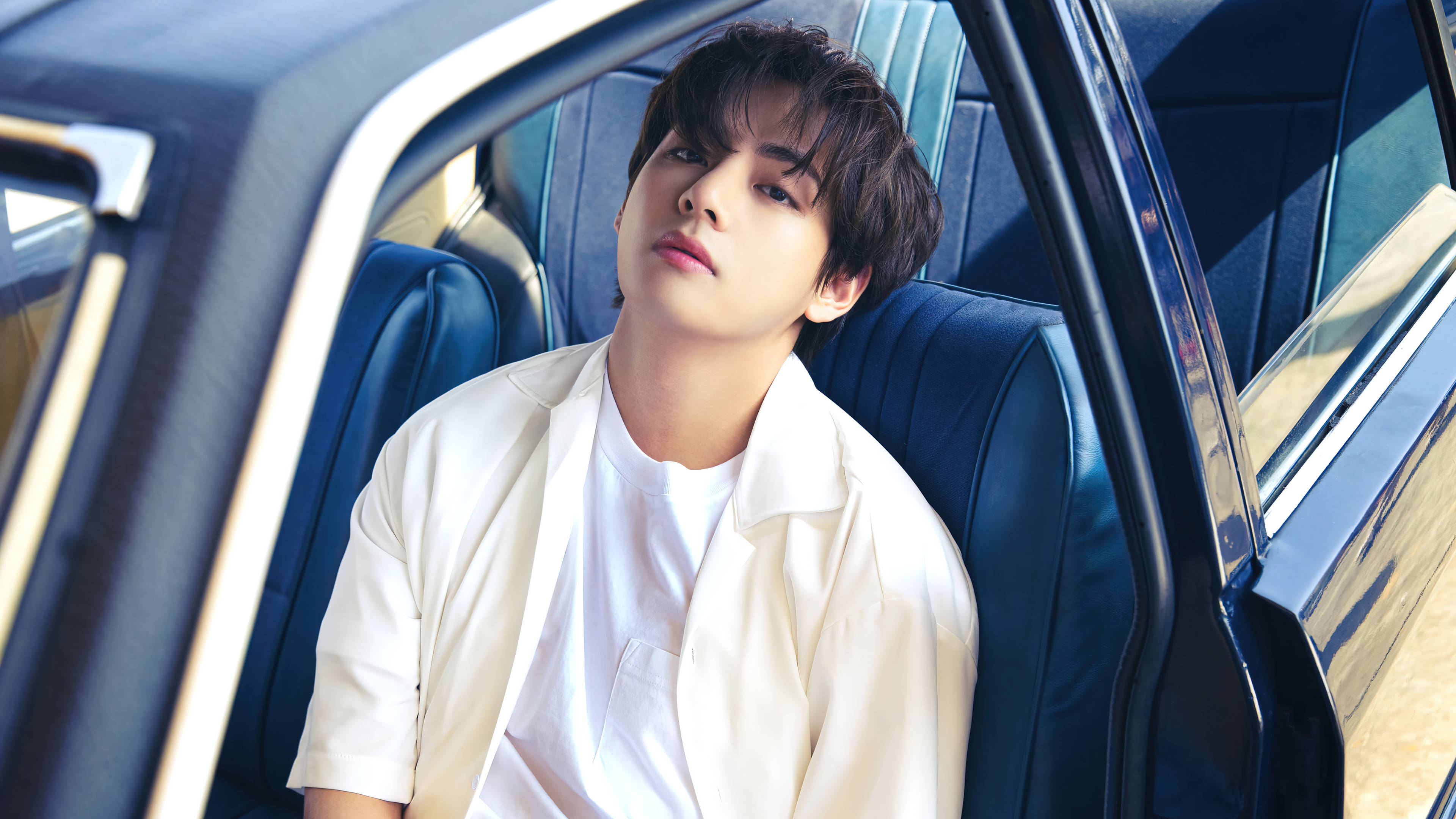 BTS Tae Hyung, white shirt, luxury car, 4K Desktop Wallpaper