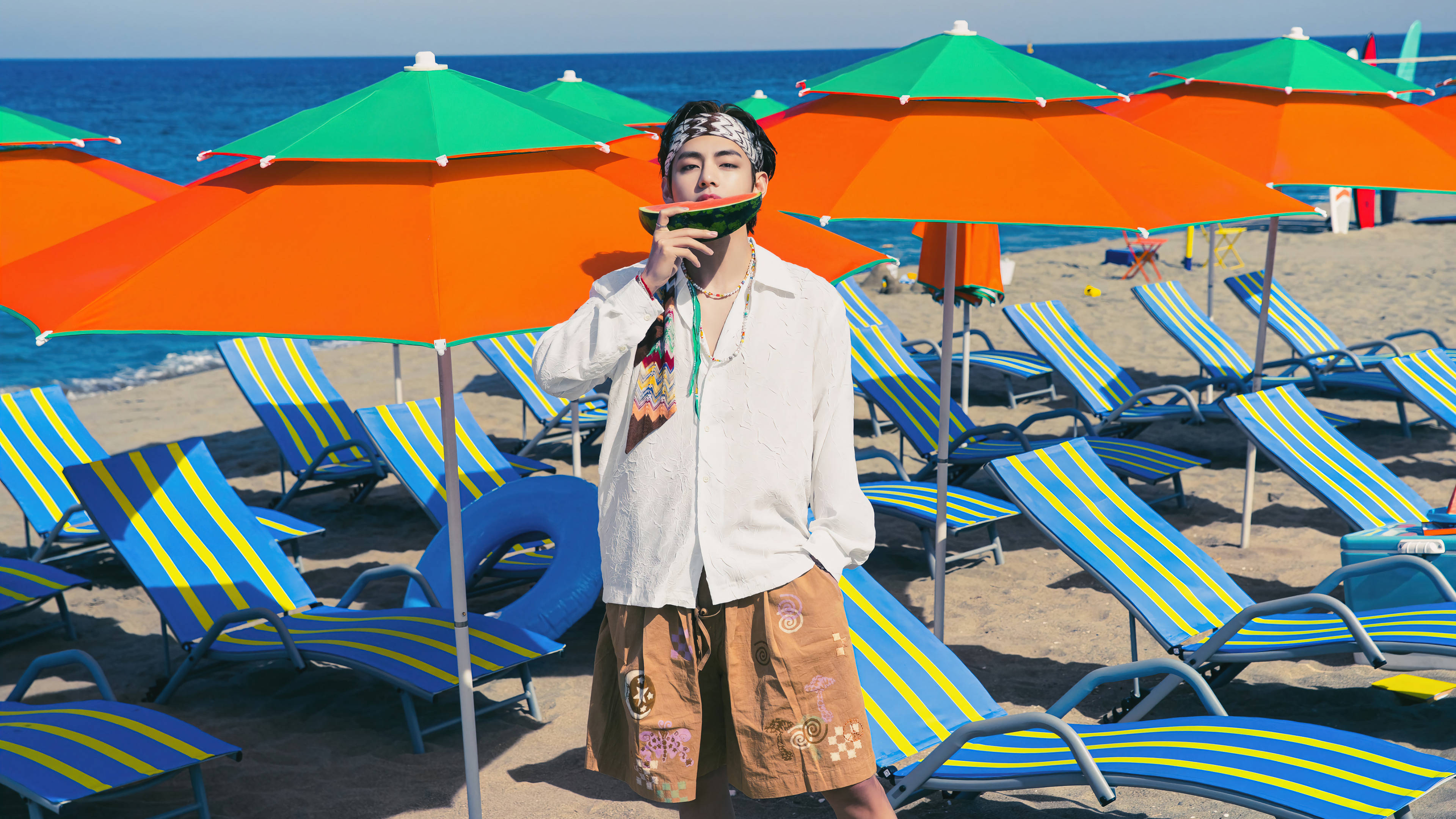 BTS Tae Hyung, summer watermelon, sunlit beach, 4K Desktop Wallpaper