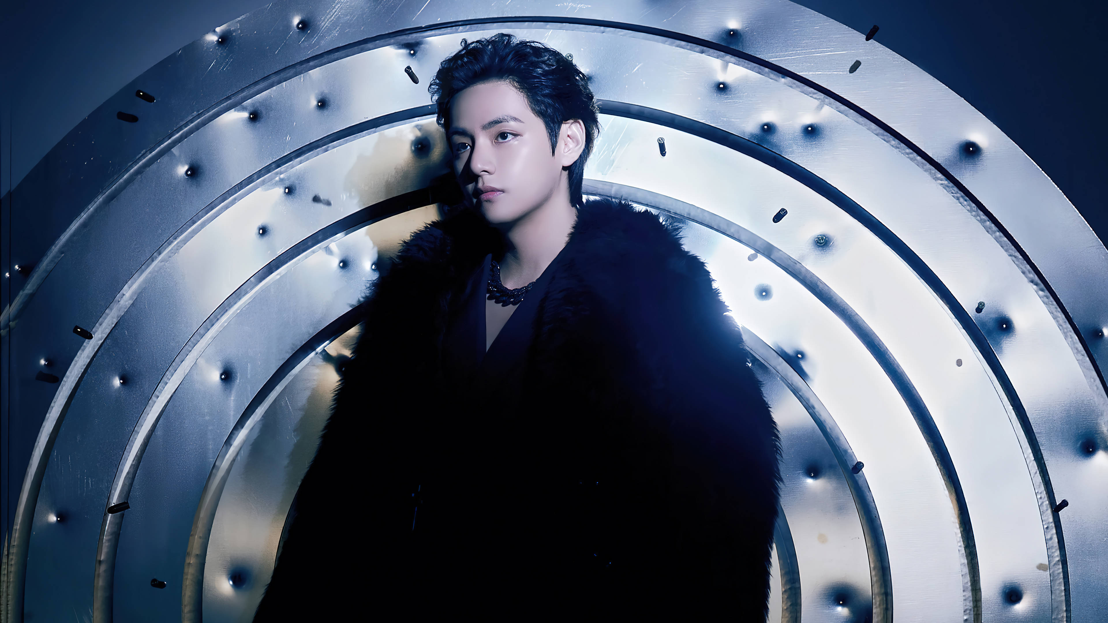 BTS Tae Hyung, black fur coat, glowing metallic spiral tunnel, 4K Desktop Wallpaper
