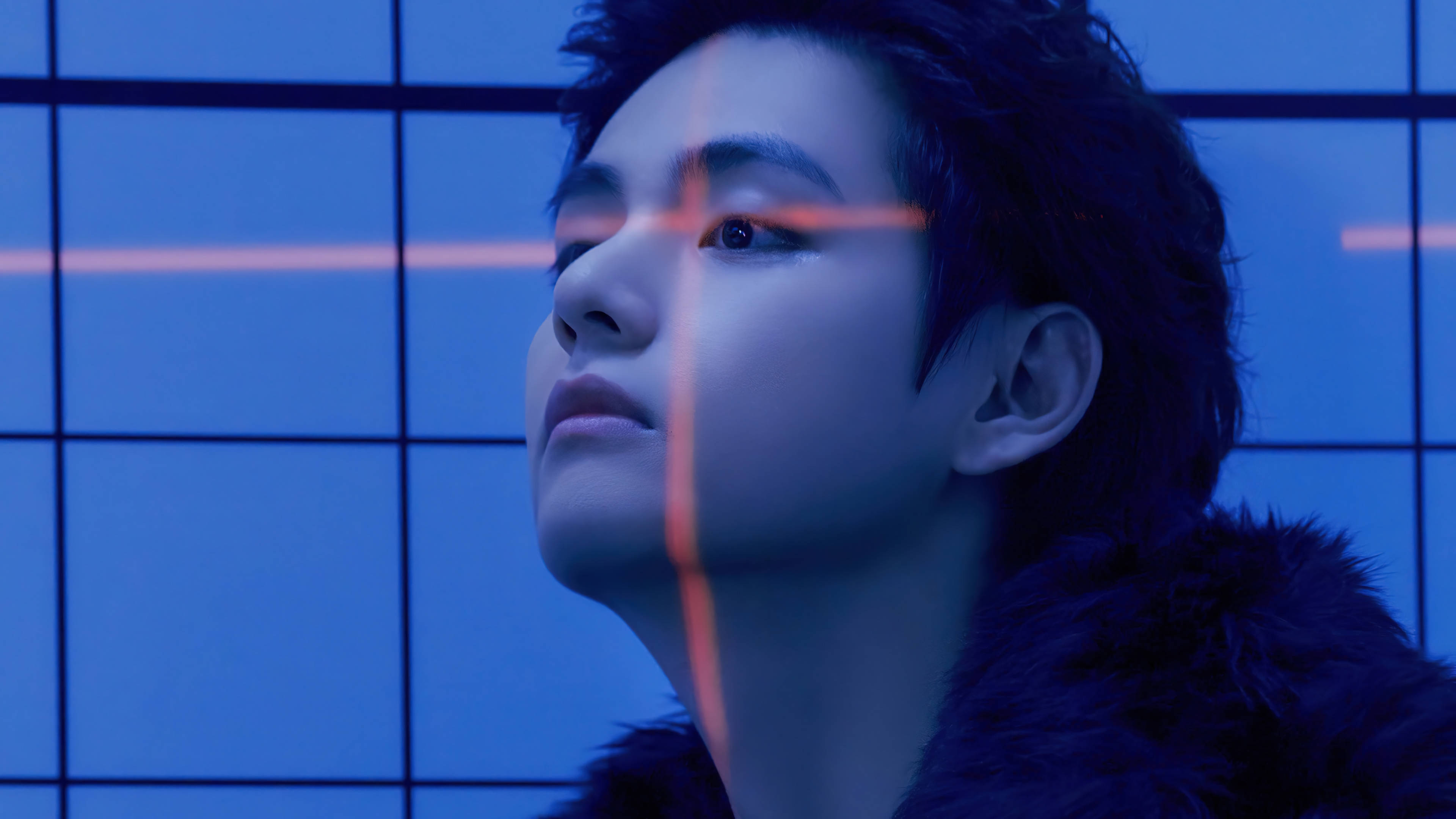 BTS Tae Hyung, red light, blue grid wall, 4K Desktop Wallpaper