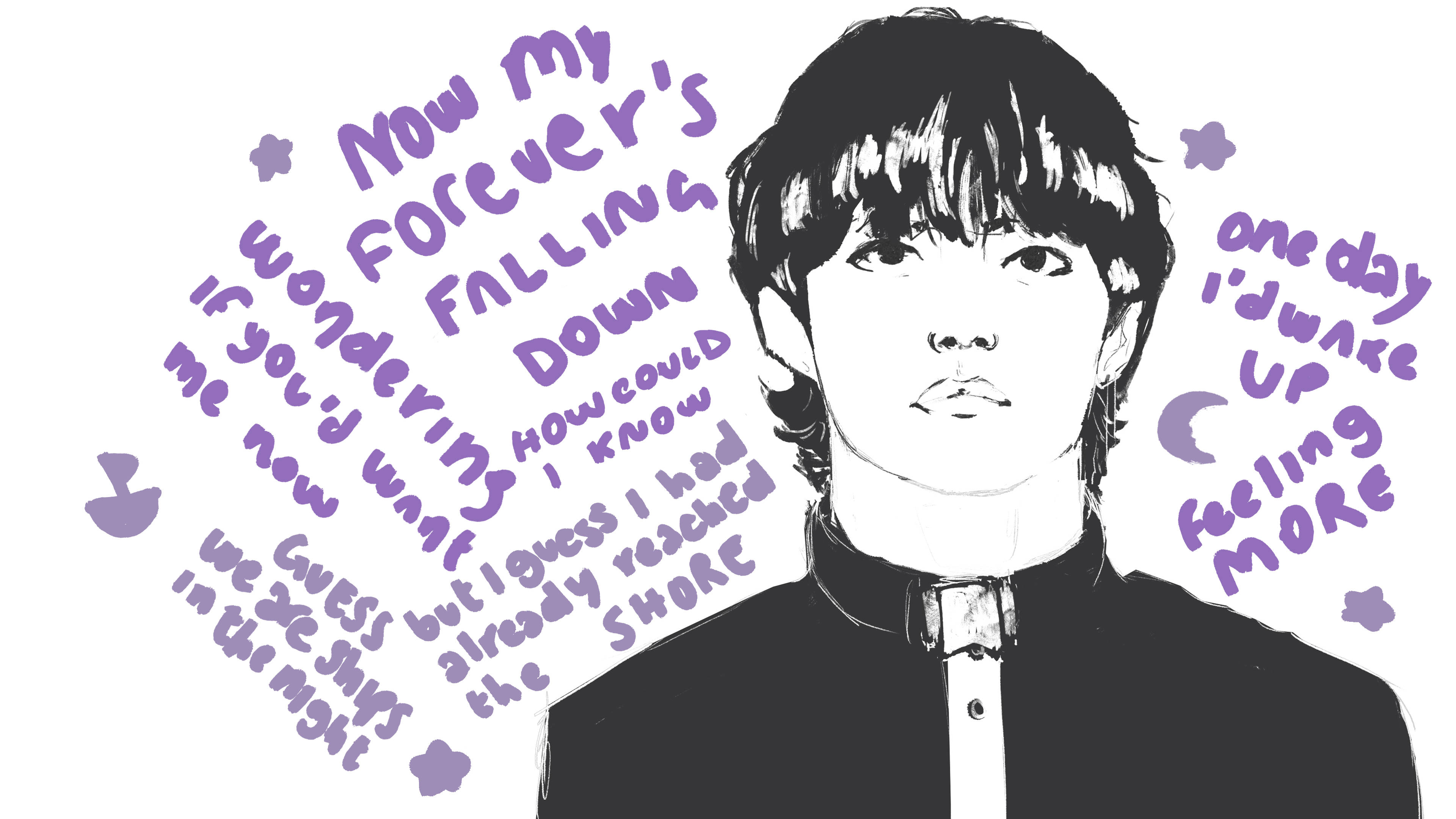 BTS Tae Hyung, sweet night, black and white illustration, 4K Desktop Wallpaper