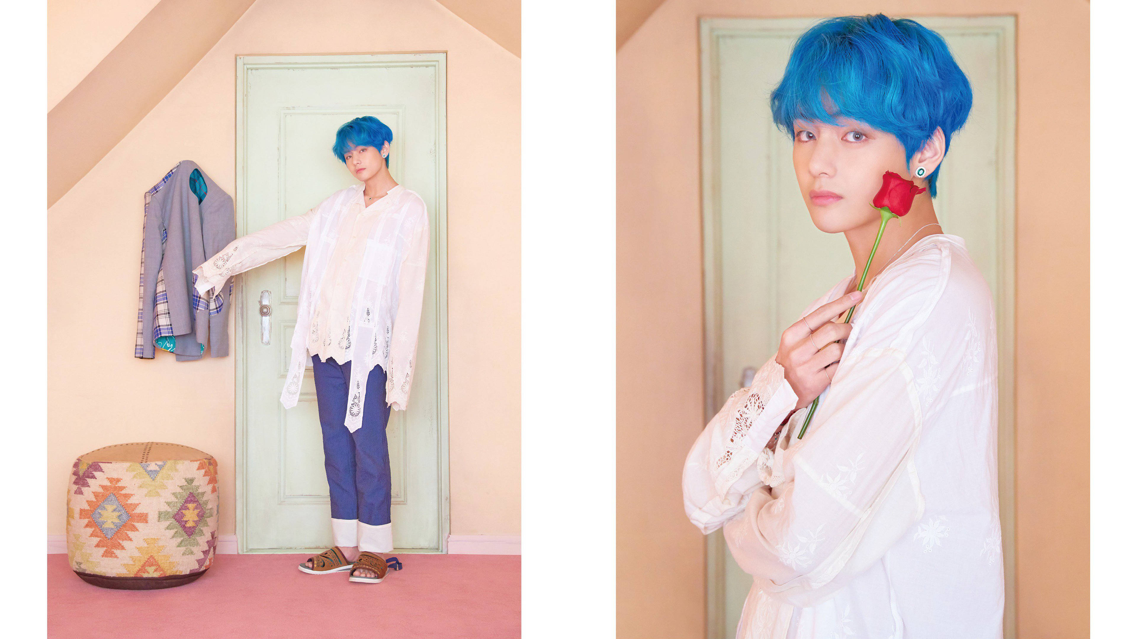BTS Tae Hyung, vibrant blue hair, pastel room, 4K Desktop Wallpaper