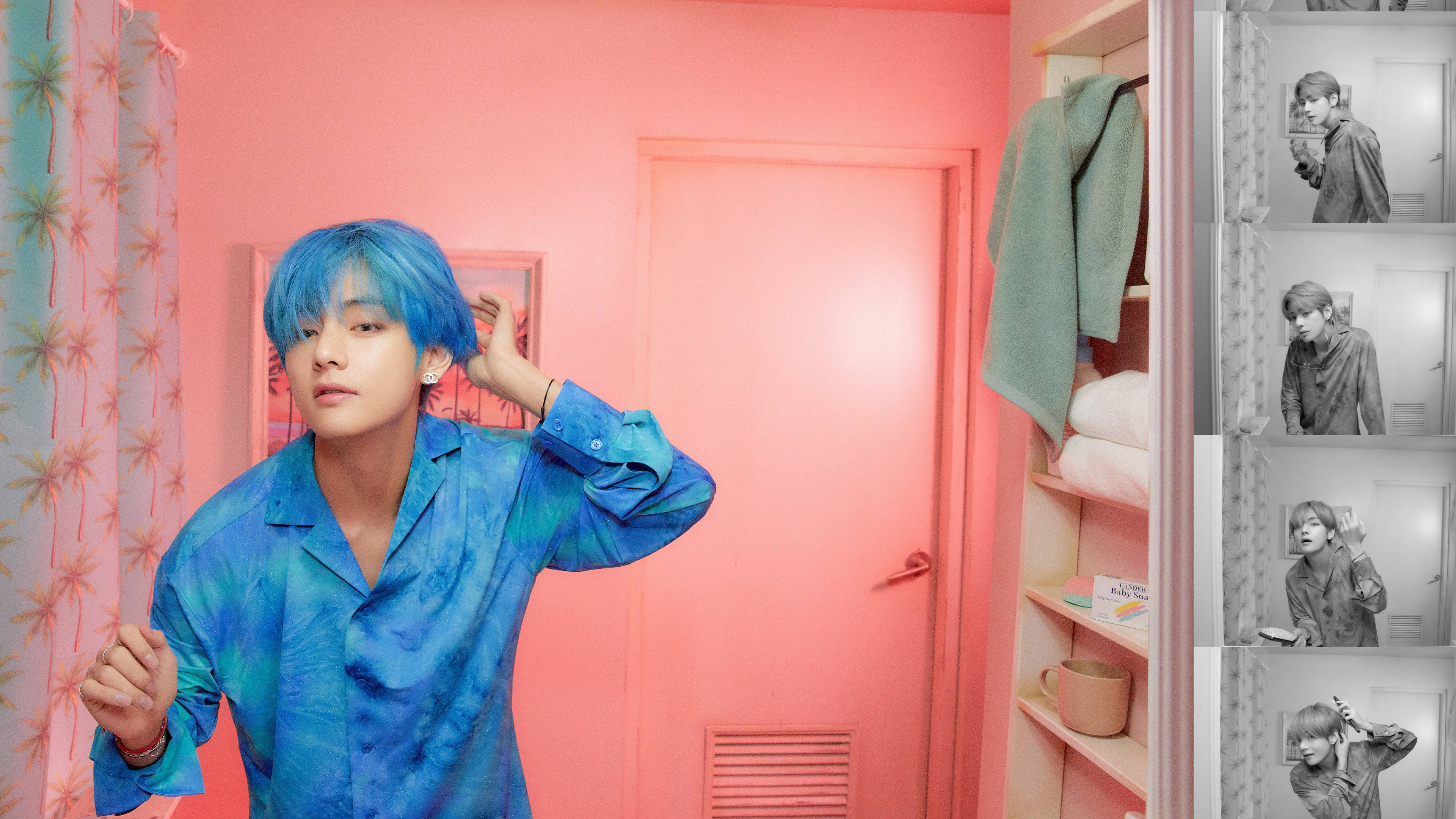 BTS Tae Hyung, pink bathroom, vibrant blue hair, 4K Desktop Wallpaper
