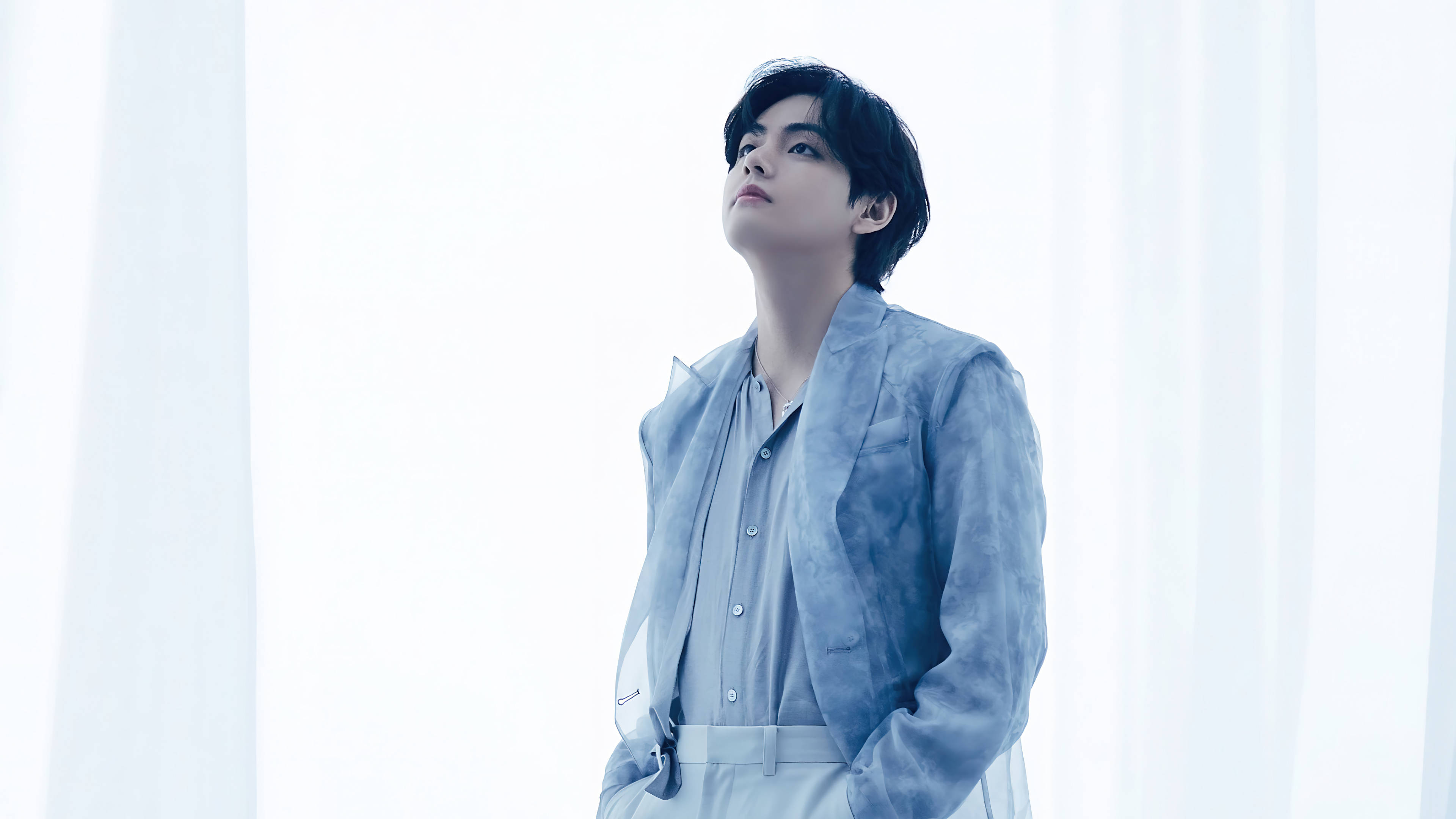 BTS Tae Hyung, light blue suit, sheer white curtains, 4K Desktop Wallpaper