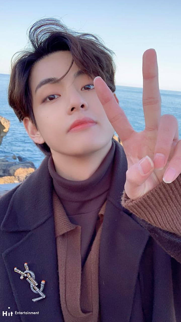 BTS Tae Hyung, peace sign, rocky ocean shoreline, HD Phone Wallpaper