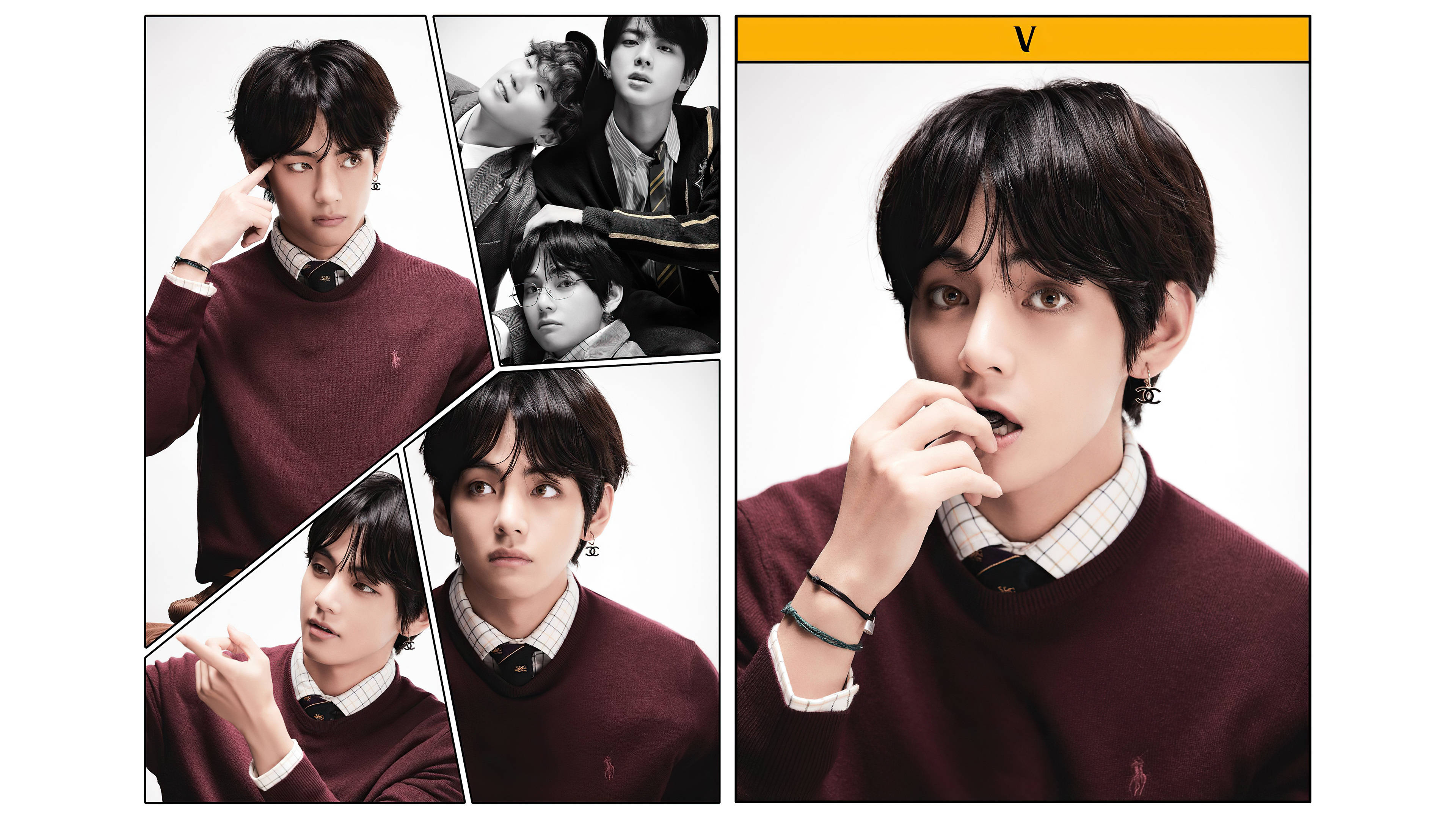 BTS Tae Hyung, maroon sweater, studio shots, 4K Desktop Wallpaper