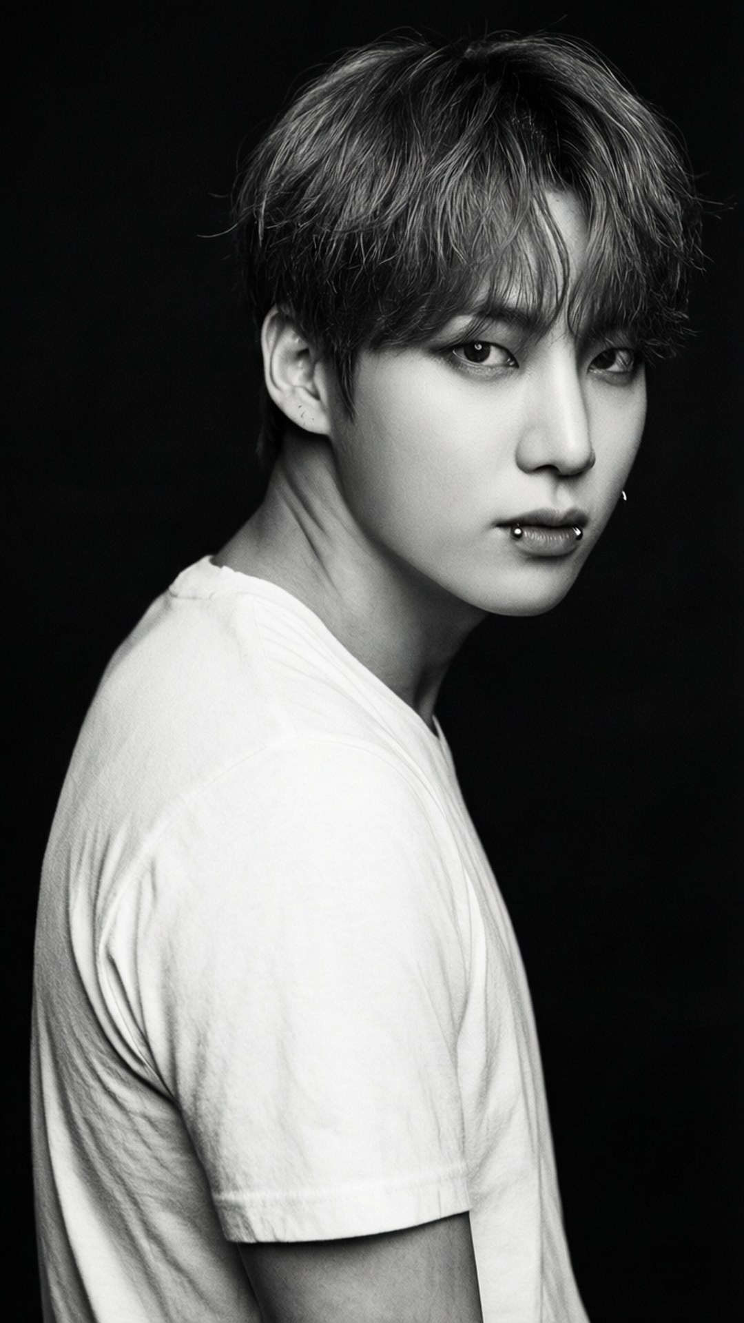 BTS Tae Hyung, black and white portrait, intense look, Full HD Phone Wallpaper