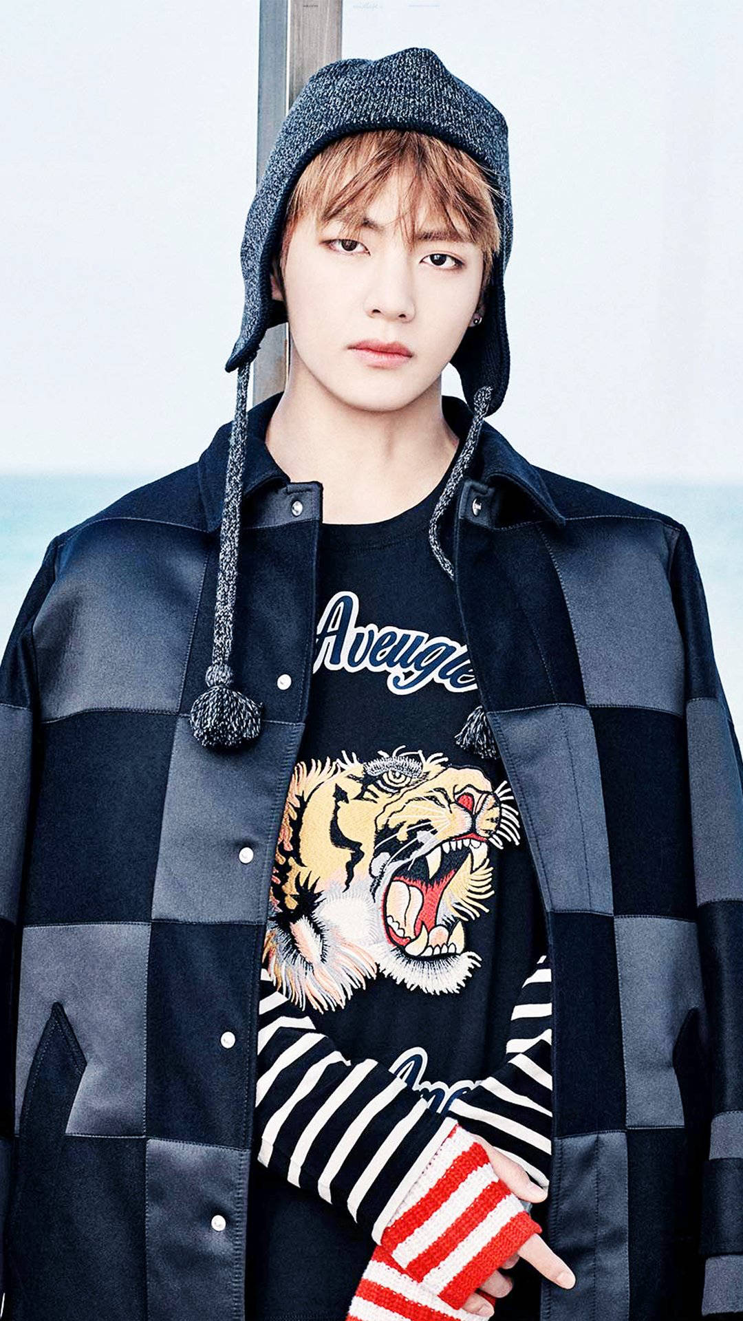 BTS Tae Hyung, black checkered coat, tiger-print tee, Full HD Phone Wallpaper