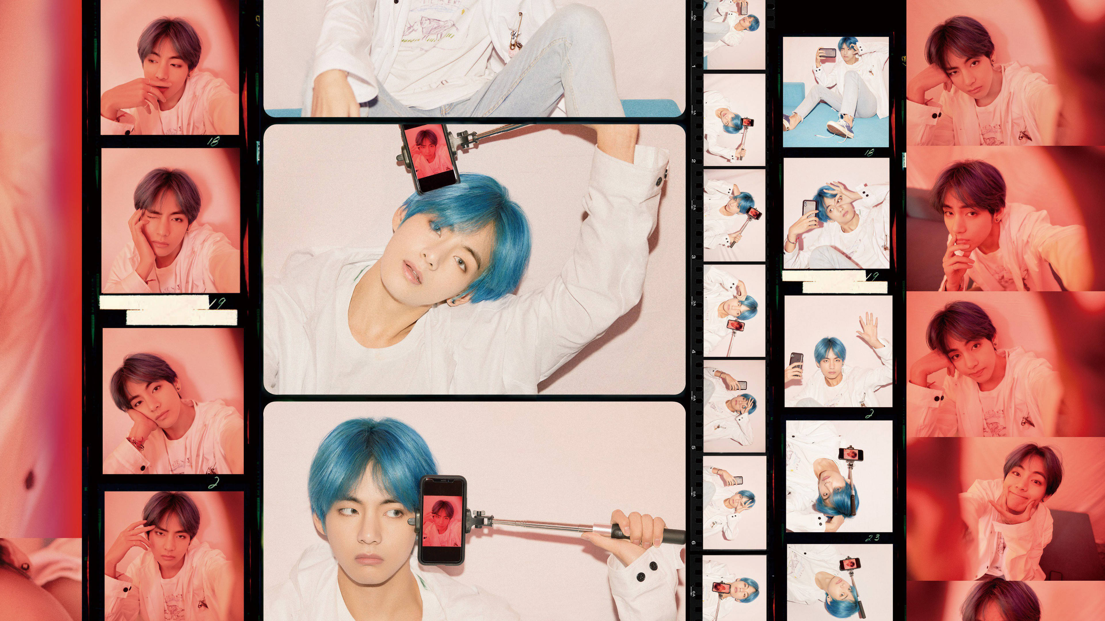 BTS Tae Hyung, blue hair, selfie stick, 4K Desktop Wallpaper
