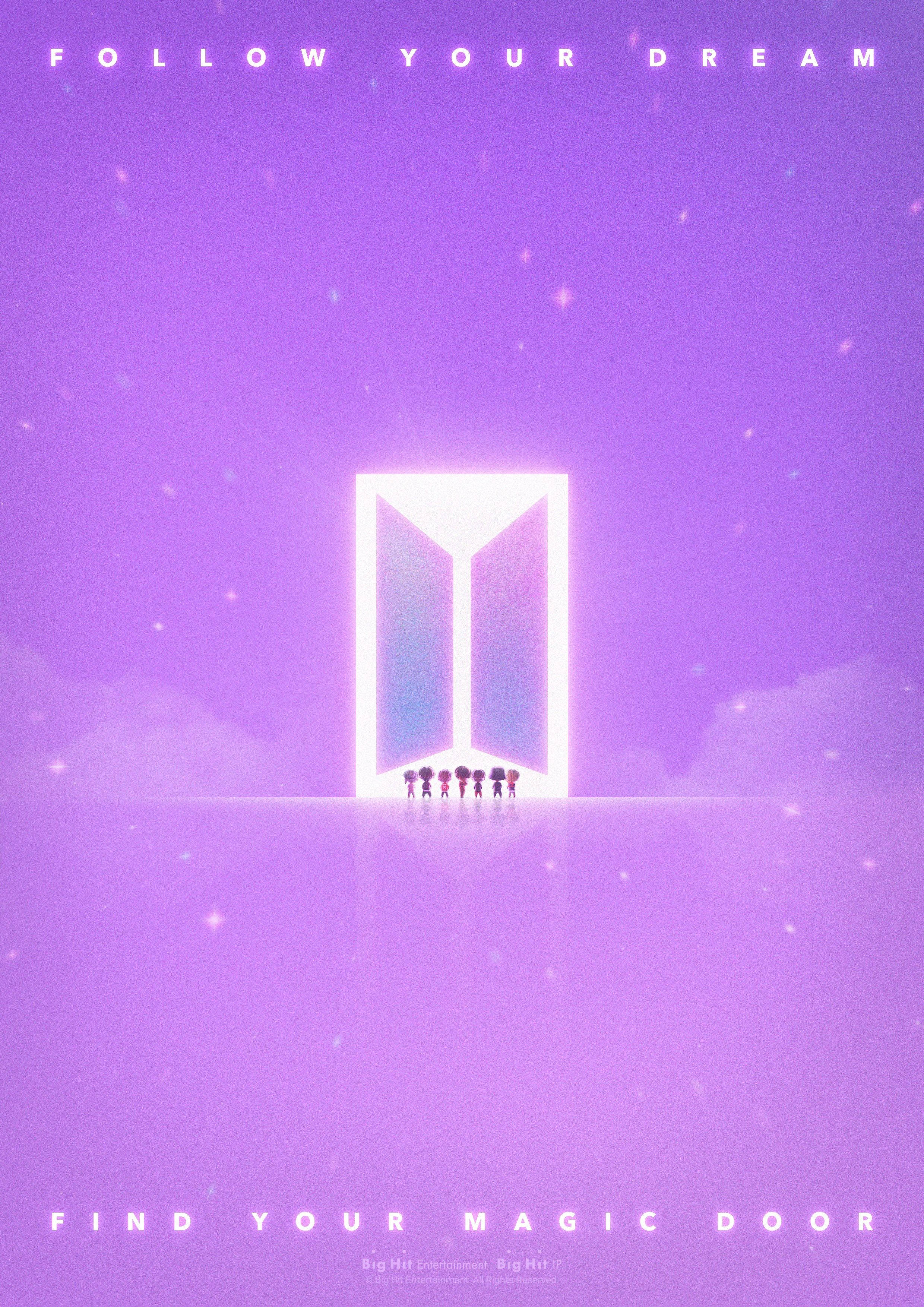 BTS Tinytan, glowing purple door, starry sky, 2K Phone Wallpaper
