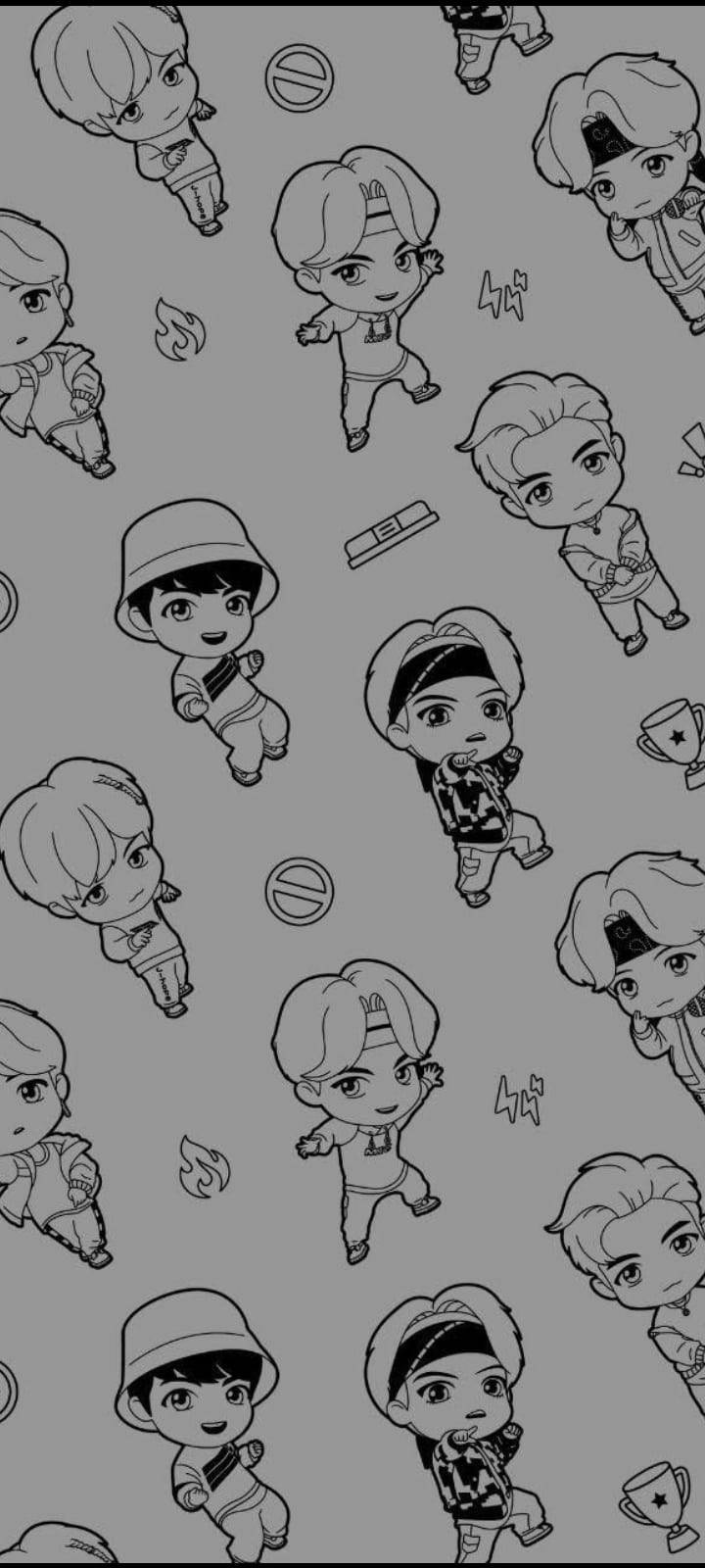 BTS Tinytan, chibi anime characters, black and white poses, HD Phone Wallpaper