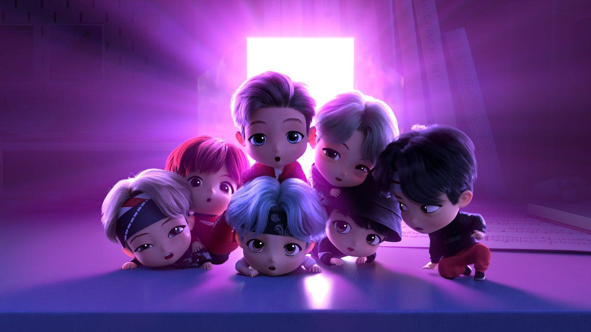 BTS Tinytan, purple glowing door, chibi-style, Full HD Desktop Wallpaper