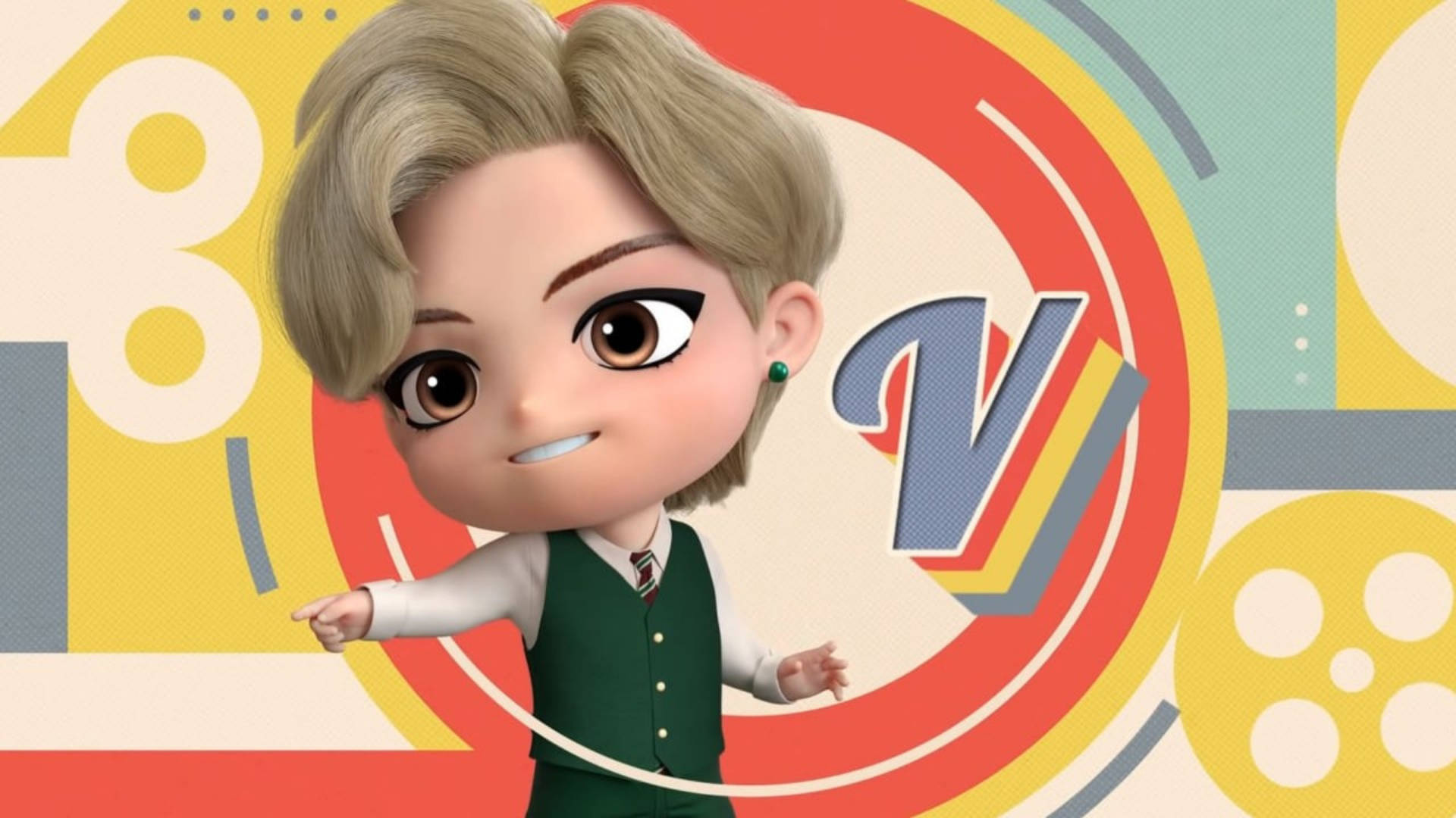 BTS Tinytan V Retro, chibi anime character, blonde hair, Full HD Desktop Wallpaper