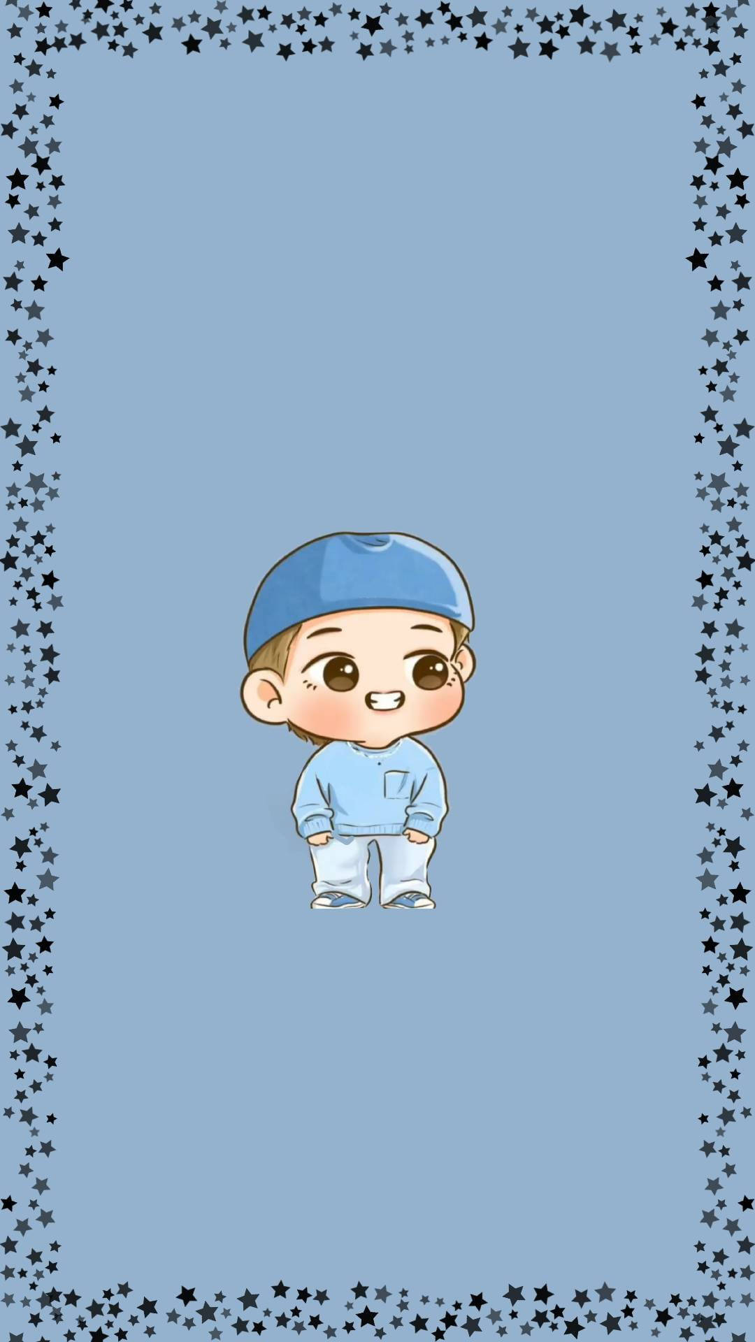 BTS Tinytan V, chibi fan art, blue cap, Full HD Phone Wallpaper