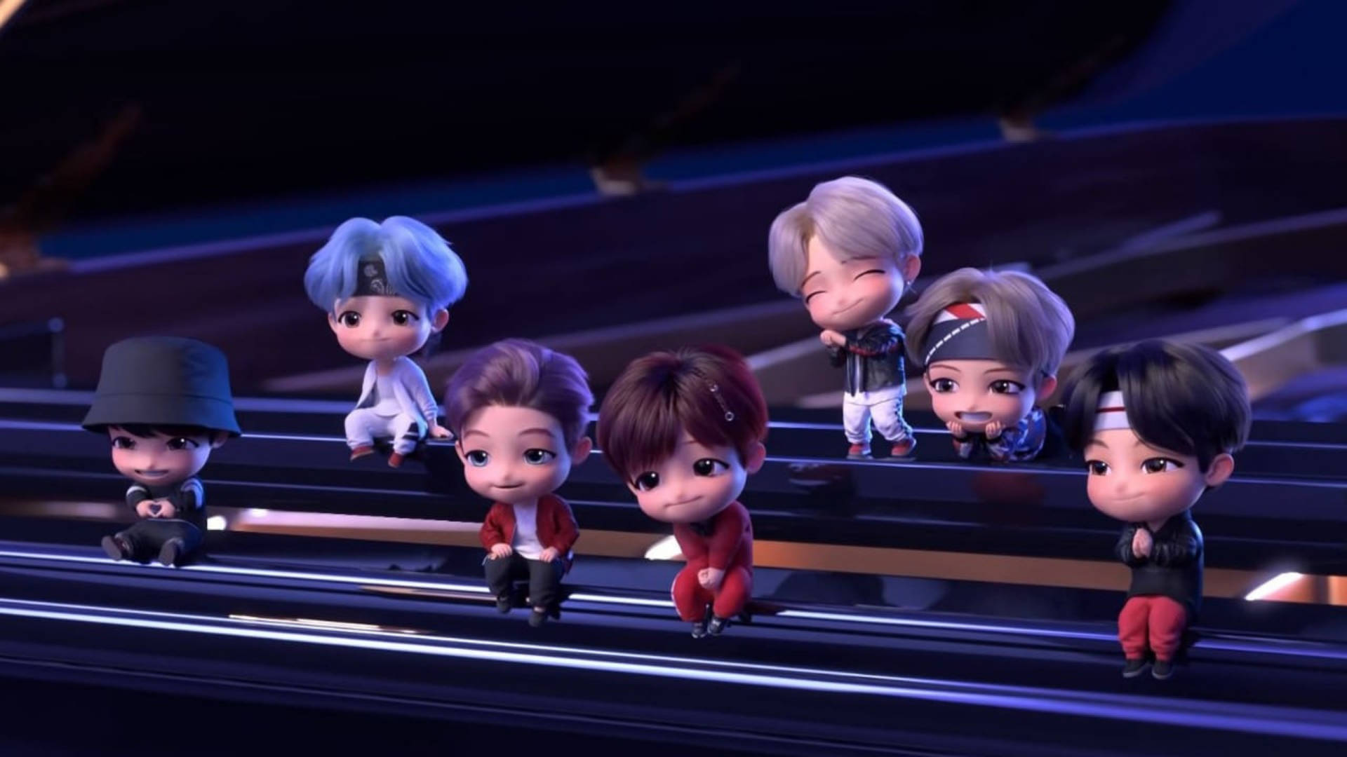 BTS Tinytan, glowing stage steps, dramatic blue lighting, Full HD Desktop Wallpaper