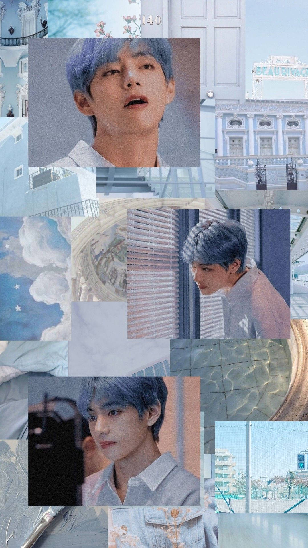 blue haired kim tae hyung, pastel tones, architectural elements, HD Phone Wallpaper