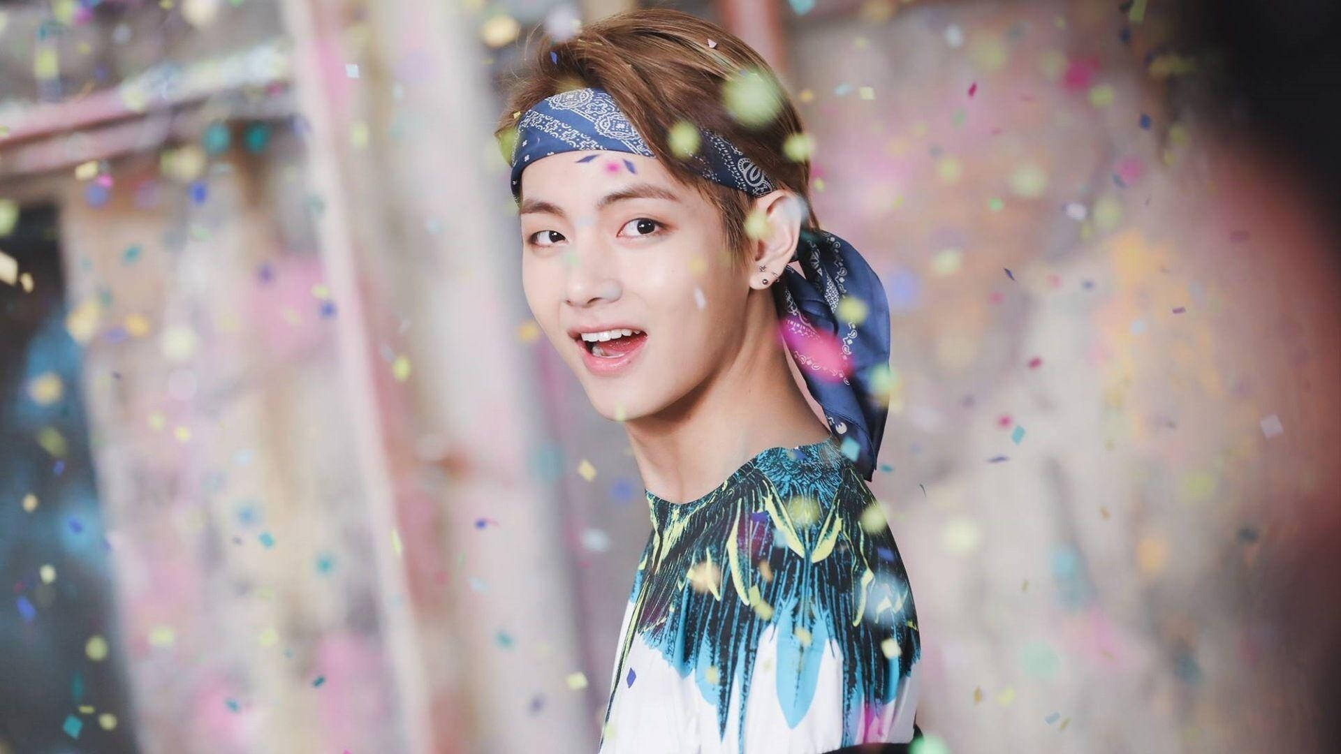 BTS V, blue bandana, colorful confetti, Full HD Desktop Wallpaper