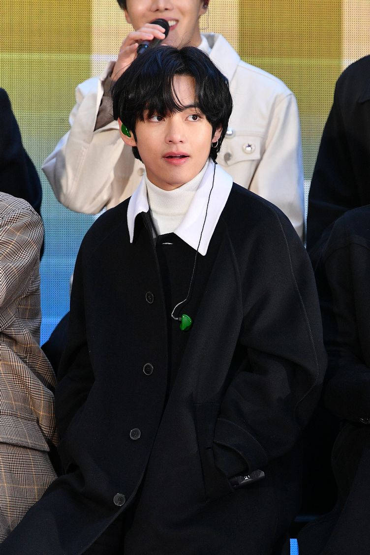 BTS V, black coat, white turtleneck, SD Phone Wallpaper