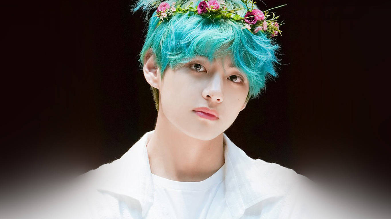 BTS V, turquoise hair, pink floral crown, HD Desktop Wallpaper