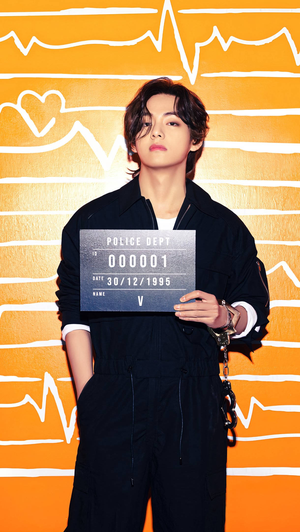 BTS V, black jumpsuit, police booking sign, Full HD Phone Wallpaper